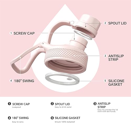 Miniatura 6 de IDEUS Botella de agua aislada de acero inoxidable con 2 tapas a prueba de fugas, termo para senderismo, ciclismo, 24 onzas, rosa claro