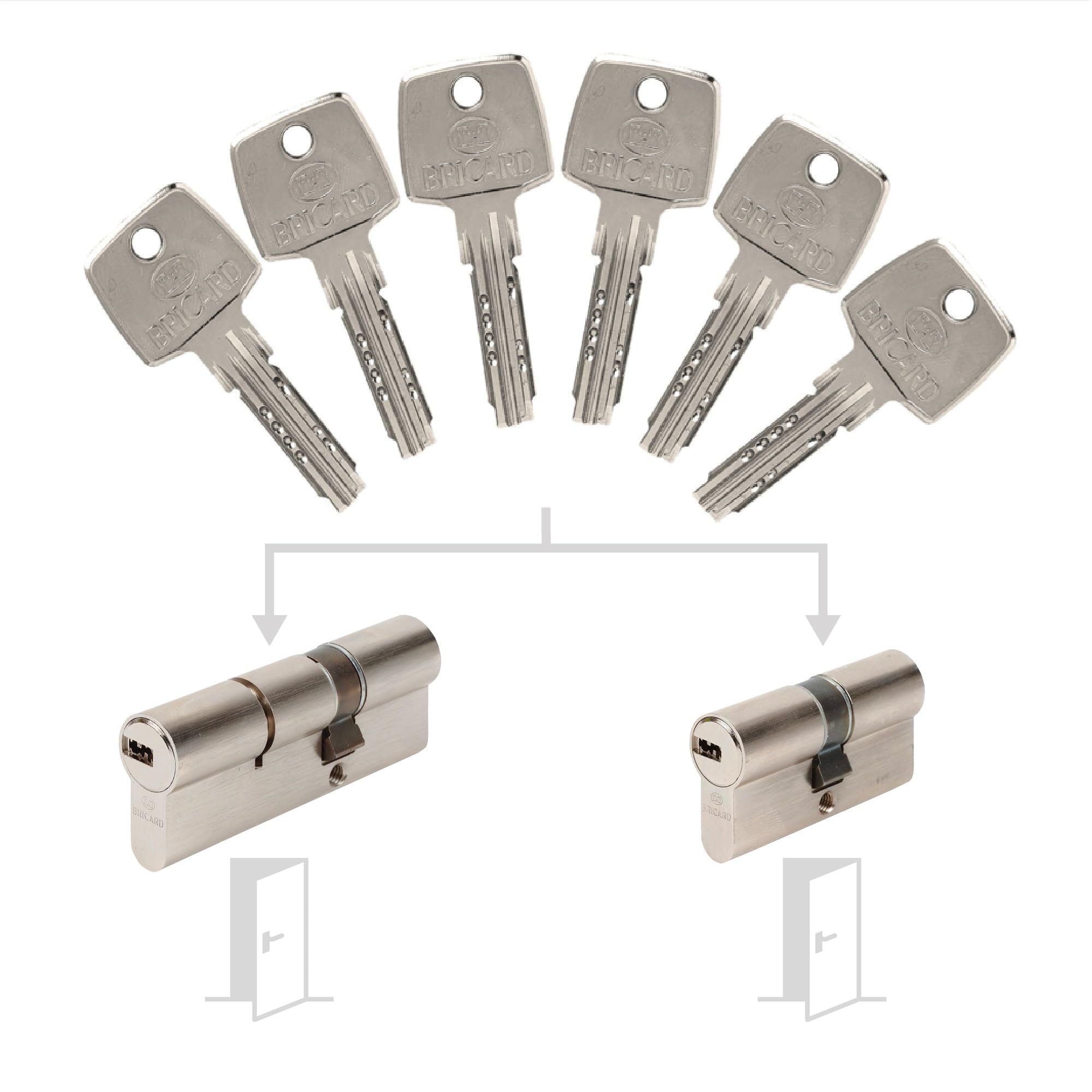 Cilindros Bricard Astral entreabiertos 30+30 y 35+55 | Pack de cerrajería con 6 llaves