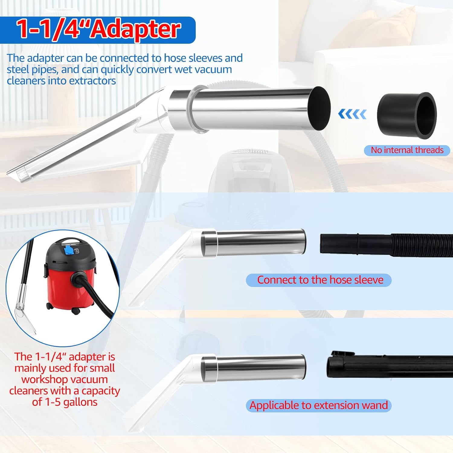 Universal Clear Wet Dry Vac Attachments, Compatible with All Shop Vac Extractor Easy Installation Vac Extractor Attachment for 1-1/4" 1-7/8" 2-1/2" Diameter Hose for Carpet Cleaning Auto Detailing