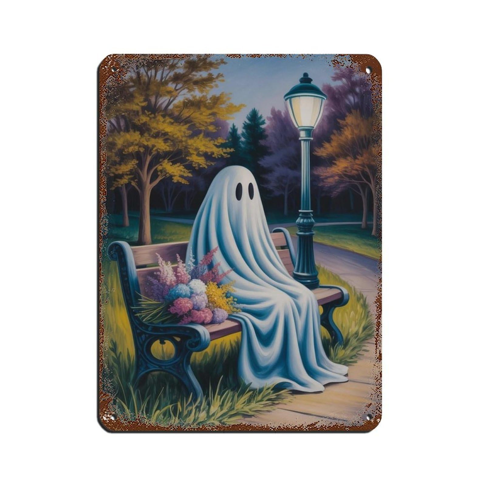 Ghost with Flowers on The Bench Poster Tin Sign Vintage Metal Pub Club Cafe Bar Home Wall Art Decoration Poster Retro 12x16inch(30x40cm)