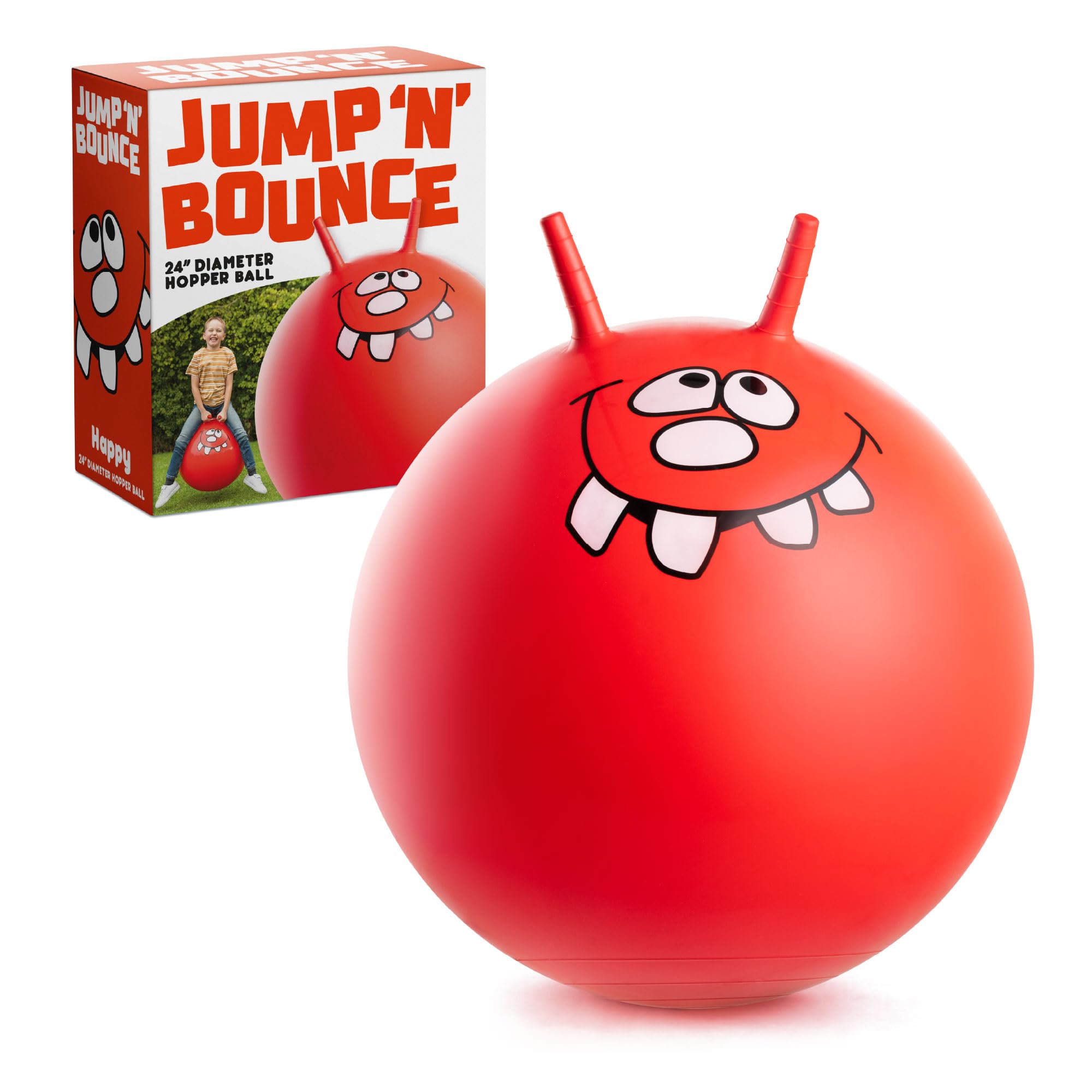 Jump N Bounce Kids Space Hopper, 24 Inch Retro Bouncing Ball with Easy Grip Handles, Outdoor or Indoor Exercise Toy for Ages 3+, Happy Red Design