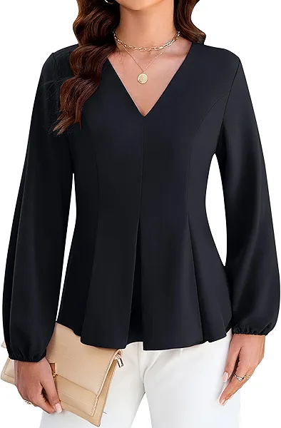 Blooming Jelly Womens Dressy Casual Peplum Tops Long Sleeve Blouses Work Shirts Business Casual Clothing (M, Black)