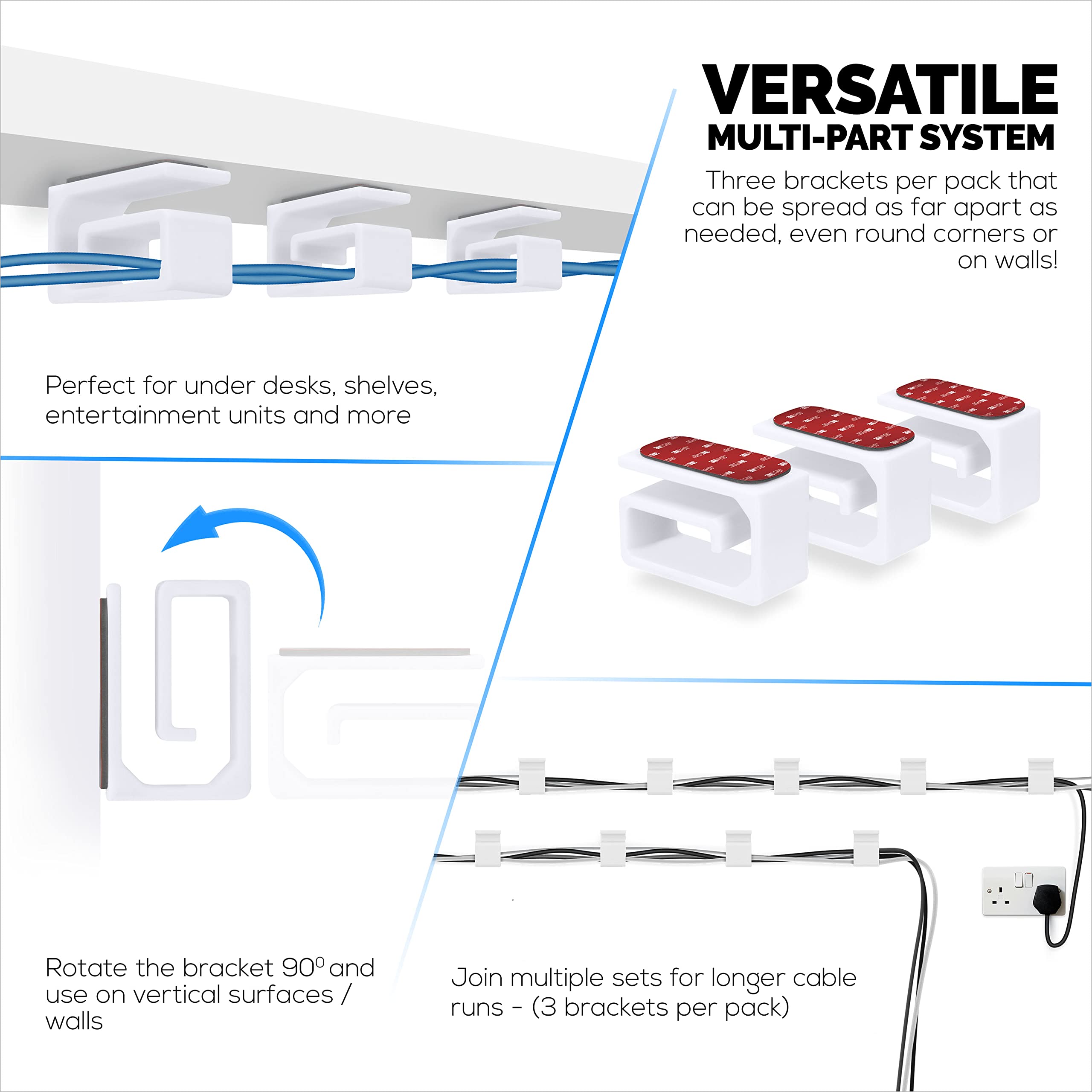 3pc VHB Adhesive Cable Organizer Holder, for Heavy Cables, PC Cords & Wires with Strong Adhesive, Under Desk Mount Management - Small (White) 4