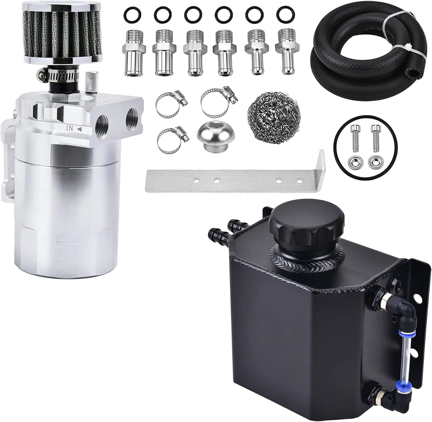 EVIL ENERGY Baffled Oil Catch Can with Breather Filter 300ML Silver Bundle with 1L Overflow Tank Black
