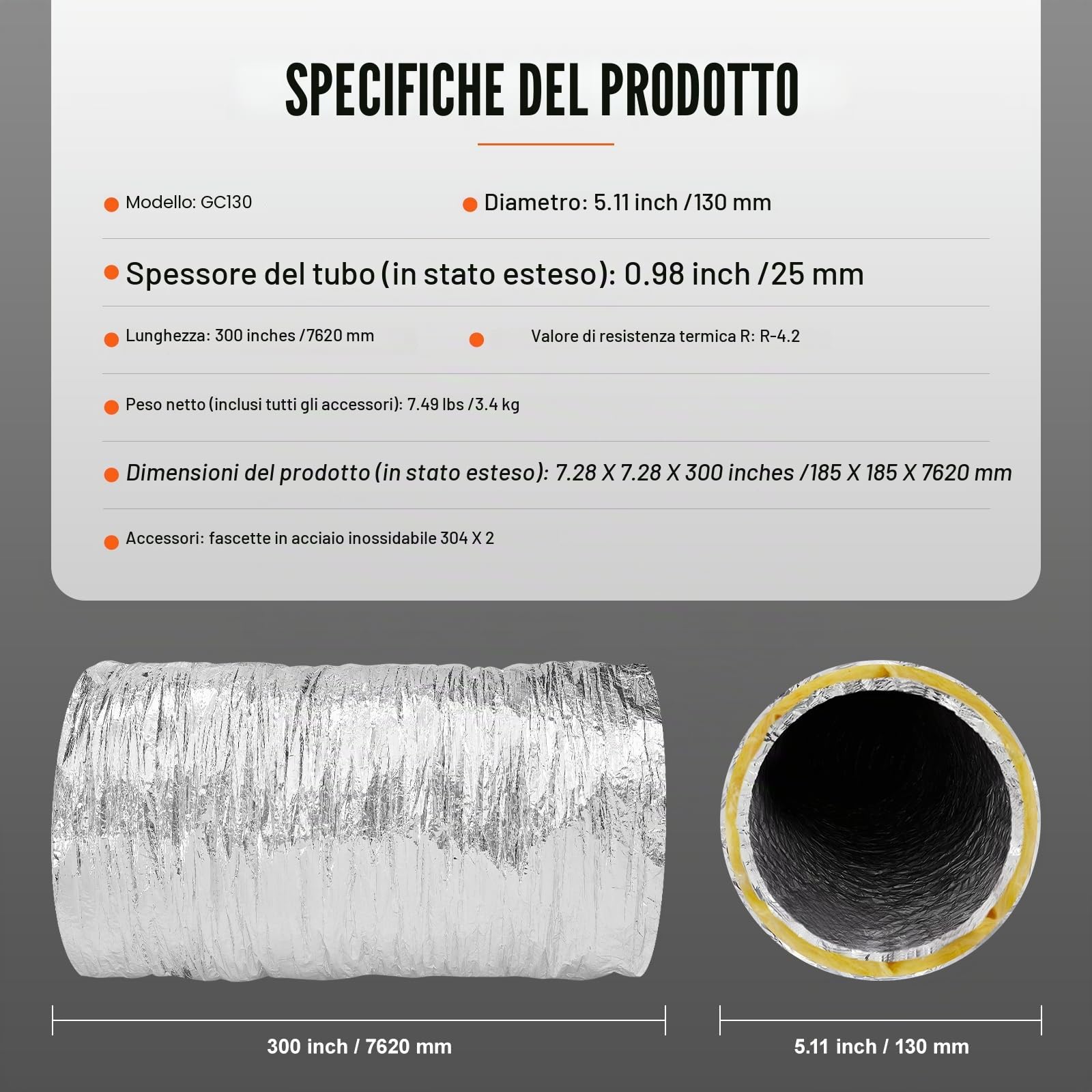 VEVOR Tubo Flessibile Coibentato 130x7620 mm Condotto di Sfiato Termoisolante in Alluminio PET con 2 Fascette Stringitubo Protezione a Tre Strati per Ventilazione, Riscaldamento, Raffreddamento, R-4.2