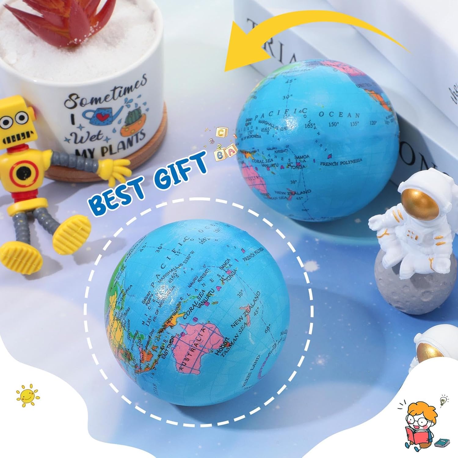 BBTO 50 Pcs Globe Stress Balls 3 Inch World Stress Balls Mini Globe Planet Soft Foam Stress Ball Toy Bulk Educational for School, Classroom, Party Favors