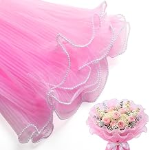 Flower Wrapping Mesh Paper, Pink Pearl Edge Bouquet Wrapping Paper, 4.37 Yards Wrinkled Translucent Bouquet Floral Packaging Mesh for DIY Crafts Mothers Day Florist Wedding Graduation Gift Packaging