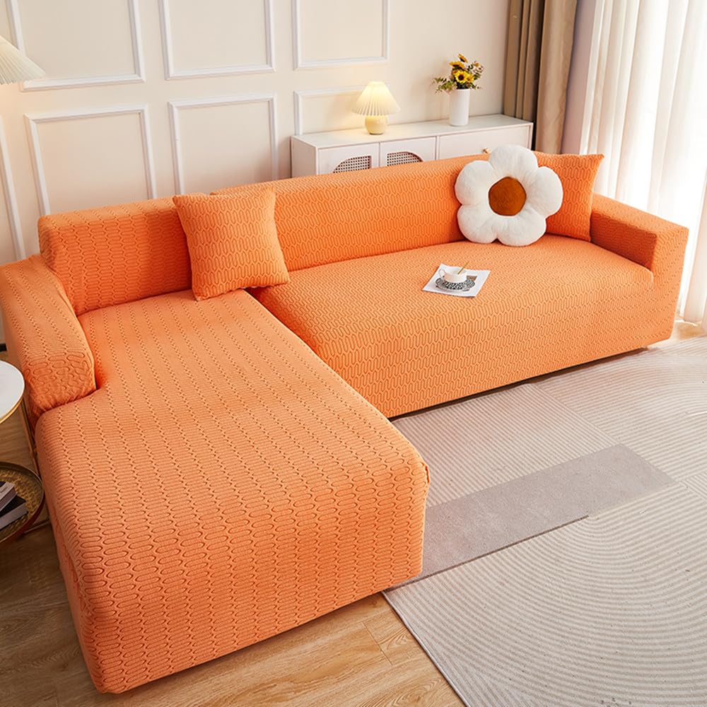Housse canape d'angle orange 4+4 places extensible en jacquard
