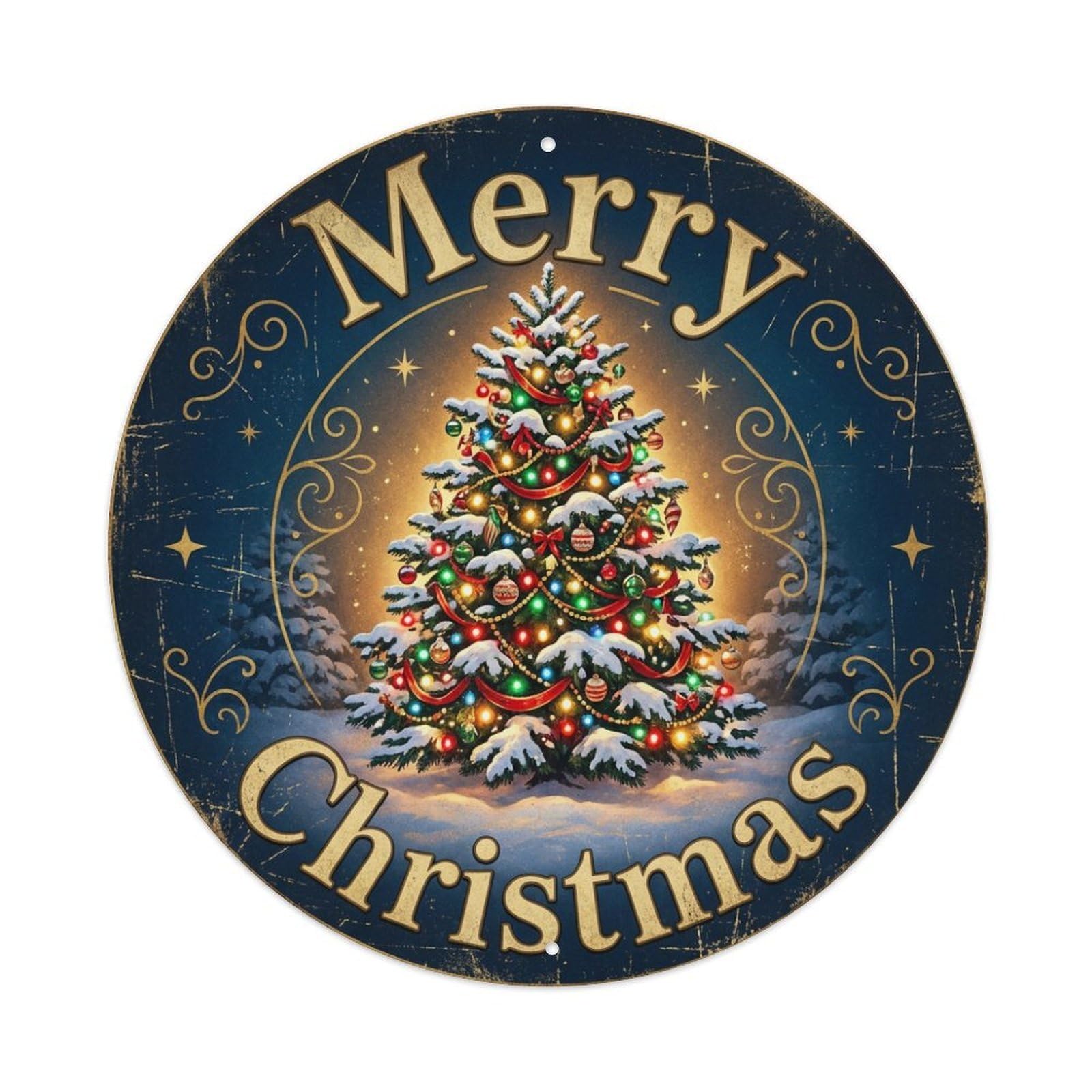 Merry Christmas Tree Snowy Outdoor Metal Tin Sign