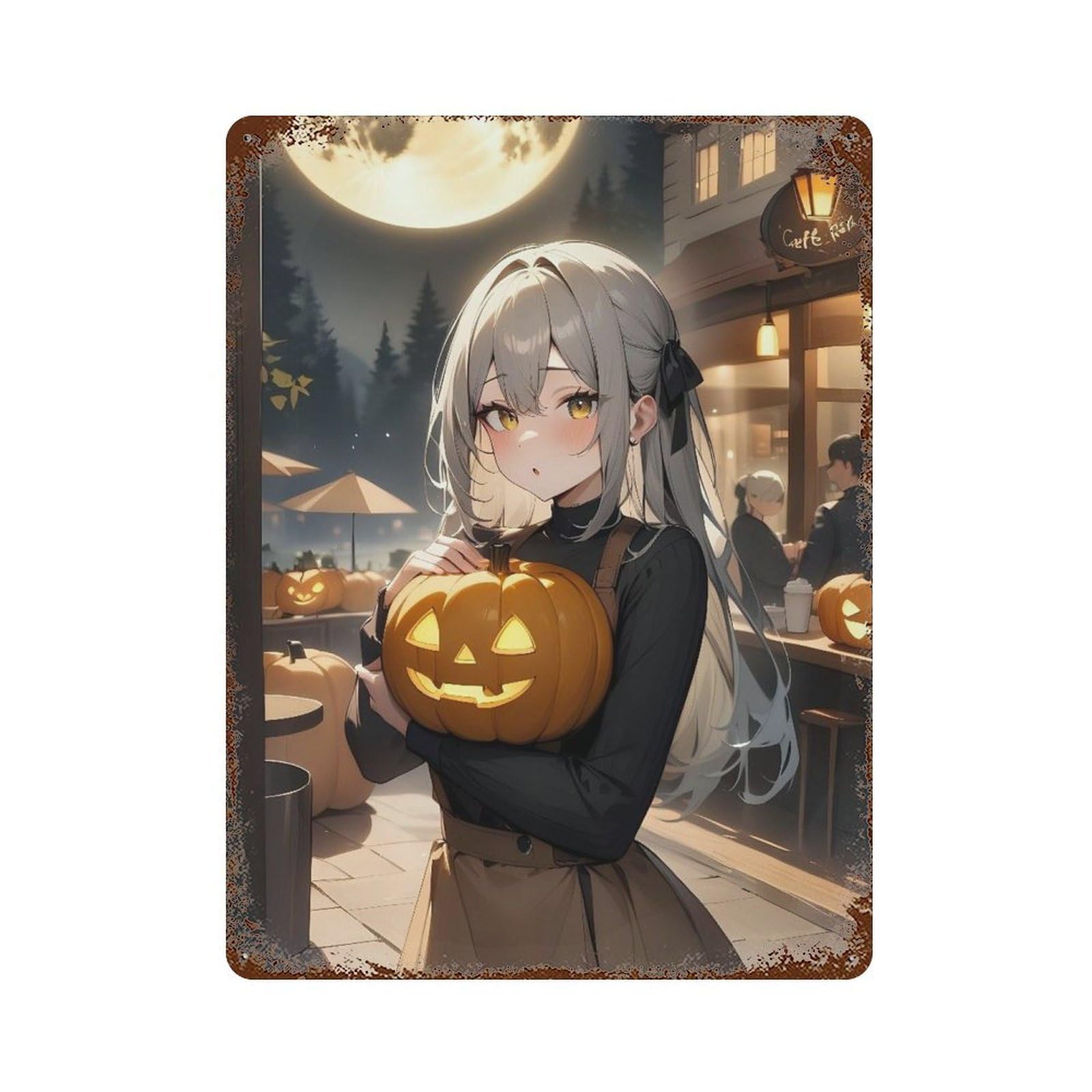 Halloween Pumpkin Light Cafe 15.7"x11.8" Decorative Tin Sign, Retro Wall Decor for Garage, Bar And Workshop Decor