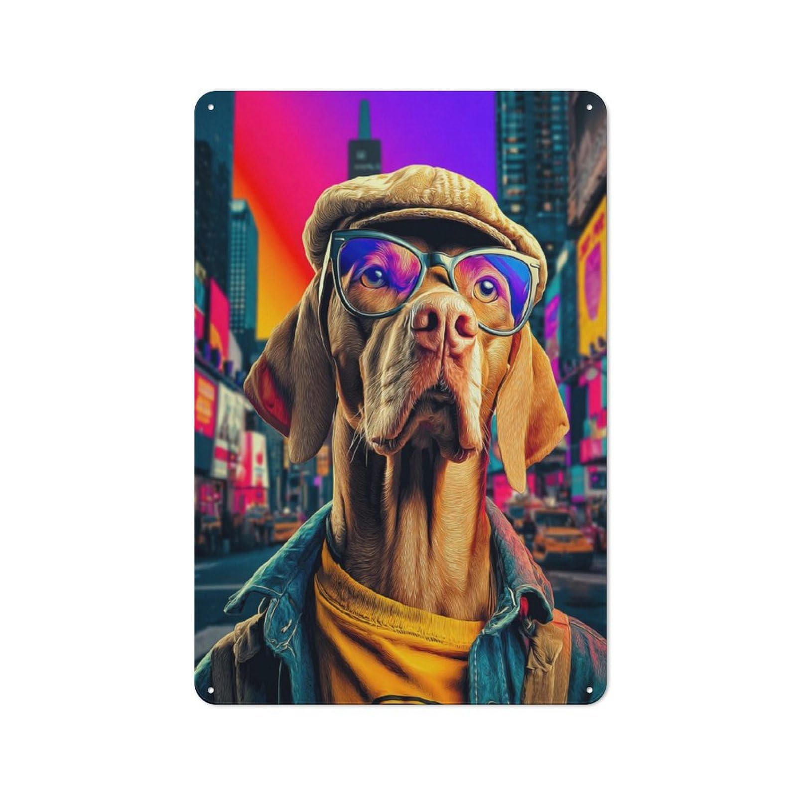 Junmoney Stylish Dog In Cityscape Printed Metal Sign 30X20cm For Hobby Room Or Studio, For Creative Interior Collectors