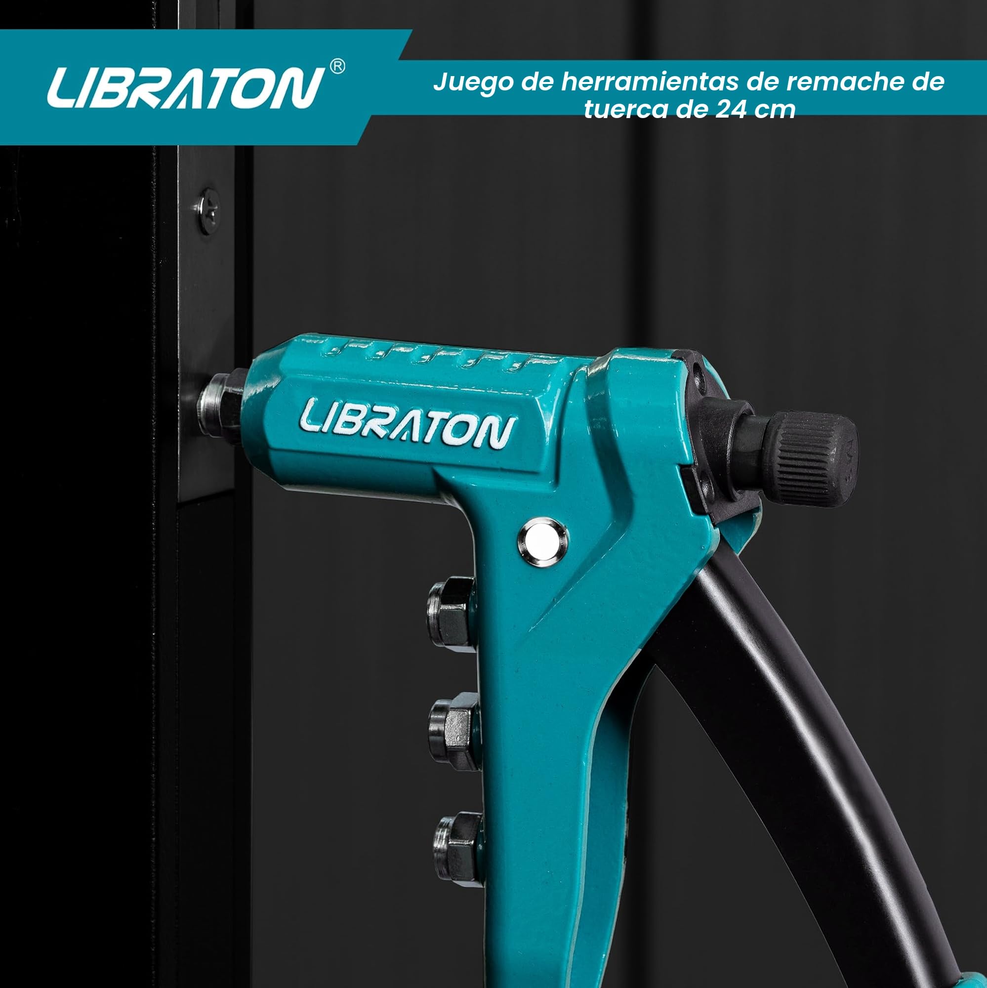LIBRATON Remachadora de Tuercas, 9.5" Pistola de Tuercas, Herramienta de Tuerca de Remache con 40 Piezas Tuercas y 4 Mandriles Intercambiables M3, M4, M5, M6, Remachadora de Tuerca Profesional