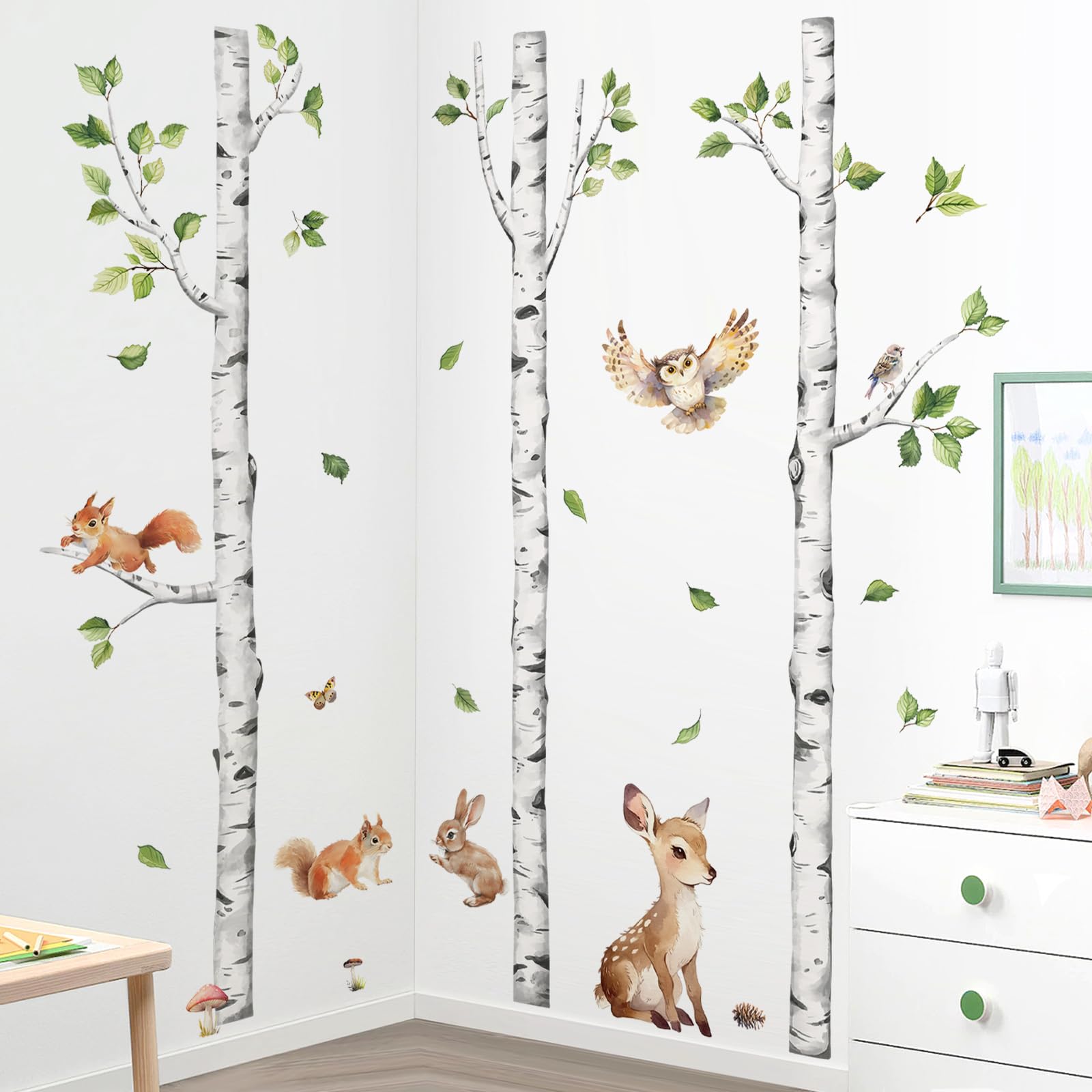Tanlaby Abedul Animales Adhesivos Pared Grande Bosque Árbol Pegatinas de Pared Ciervo Zorro Conejo Vinilos Decorativos para Niños Bebés Habitación Dormitorio Guardería
