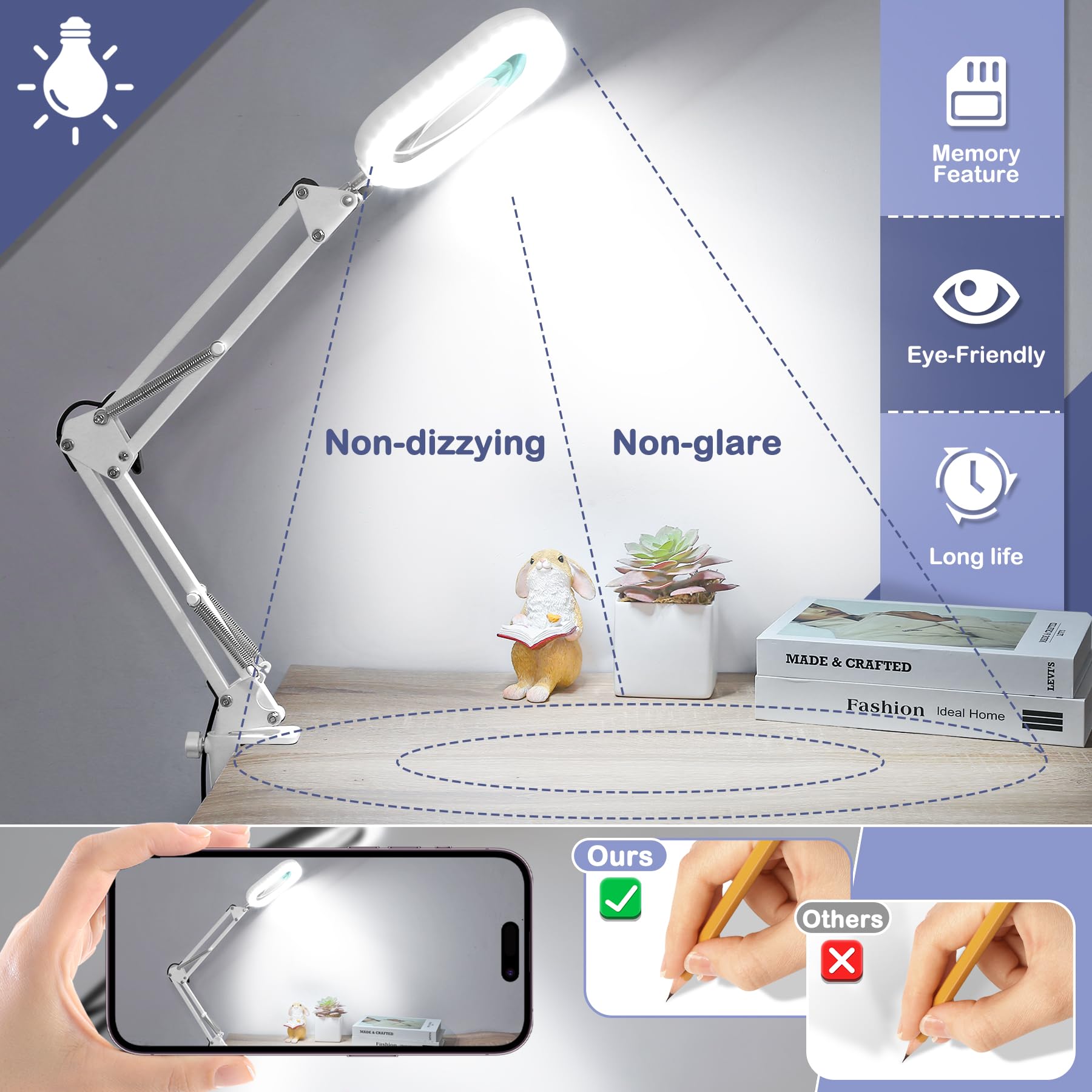 Drdefi Lupa cuadrada con luz y soporte, lupa de cristal real con luz LED, 5 modos de color regulable, lámpara de escritorio manos libres con abrazadera para leer, manualidades, trabajos cercanos