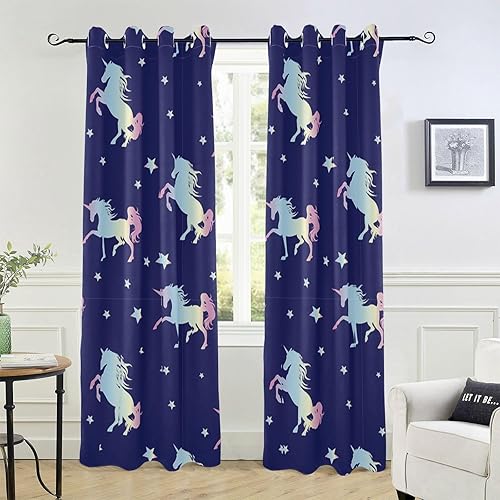 Miniatura 1 de GuoChe Blackout Curtains for Bedroom Neon Kawaii Unicorns Blue Stars Window Cover for Bedroom & Living Room 84" Curtains for Sliding Glass Door