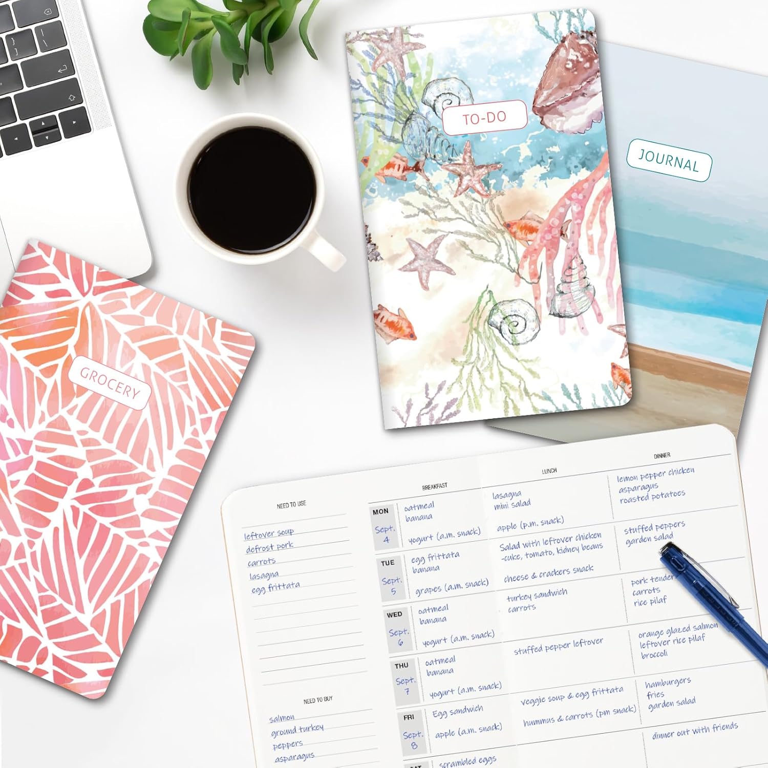 Elan Publishing 4-Pack 5” x 8” Notebooks – Journal, To-Do List, Meal Planner, Grocery List – Stylish Saddle-Stitched Printed Paper Covers for Everyday Use - Beach      Unknown Binding – Notebook