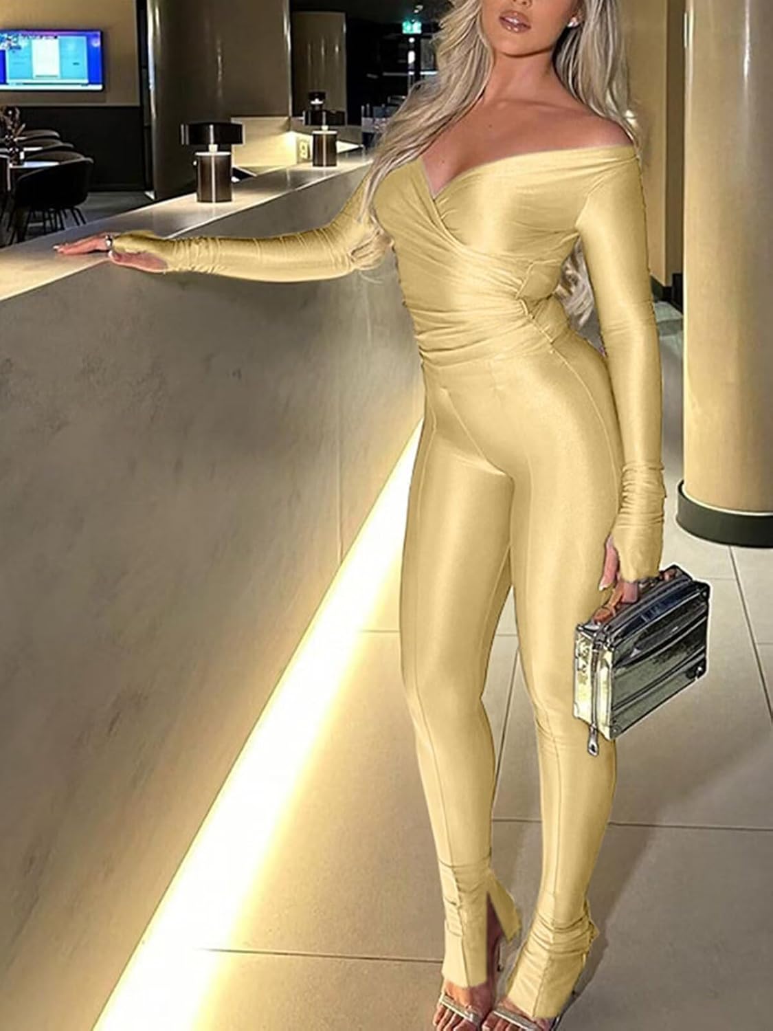 2 Piece Outfits for Women Bodycon Off Shoulder Tops & Flared Pants Set image 3
