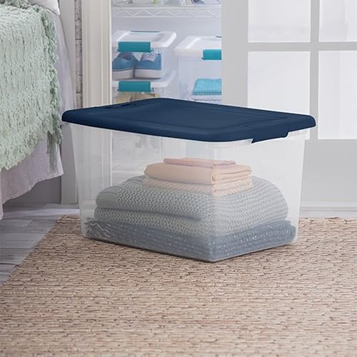Vista 3 de Sterilite Contenedor apilable de plástico transparente de 64 cuartos de galón con tapas empotradas para organización del hogar, azul marino