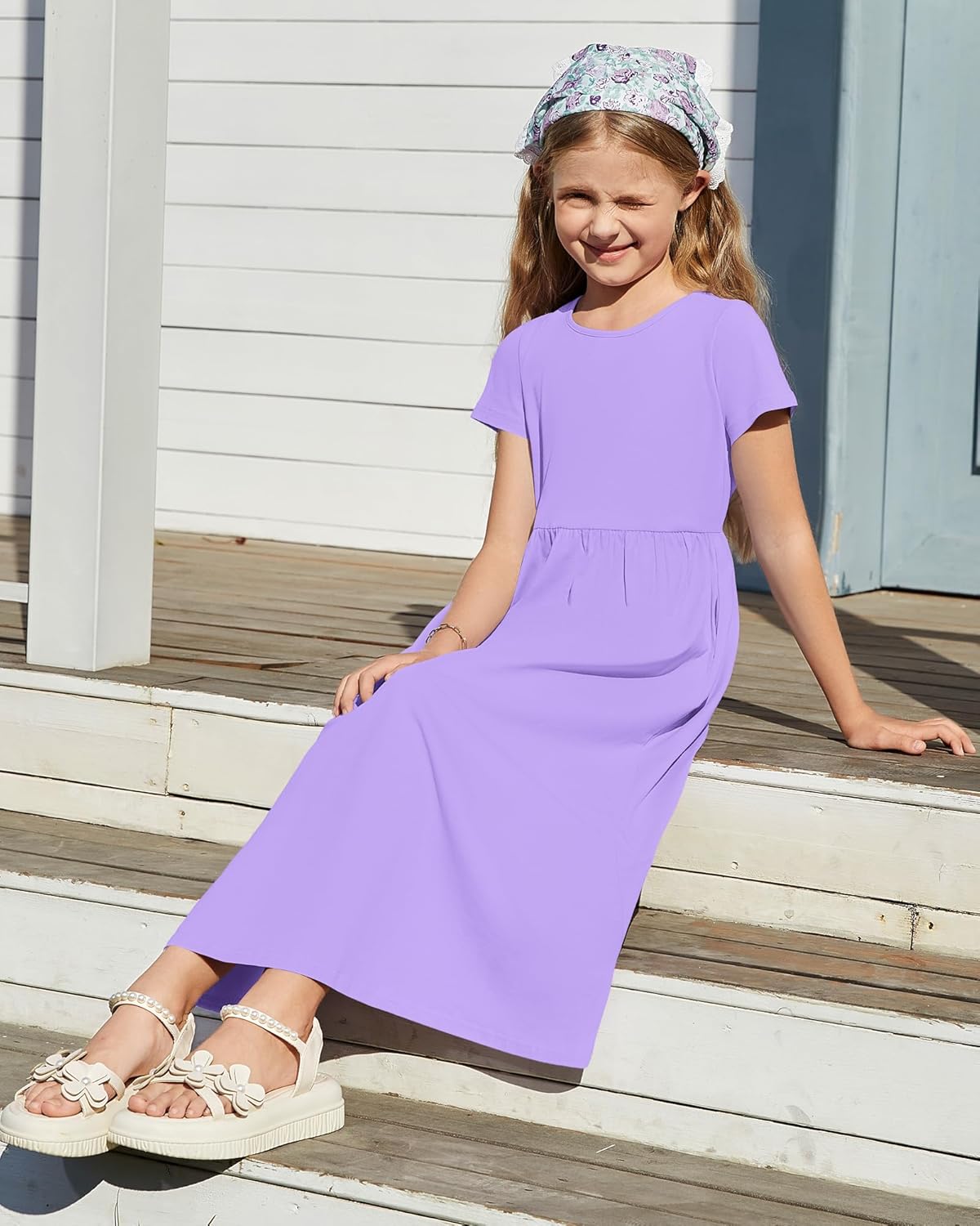 Girl's Summer Short Sleeve Loose Dress Casual Crewneck Empire Waist Long Maxi Dresses for Kids with Pockets 5-14 Years - Image 5