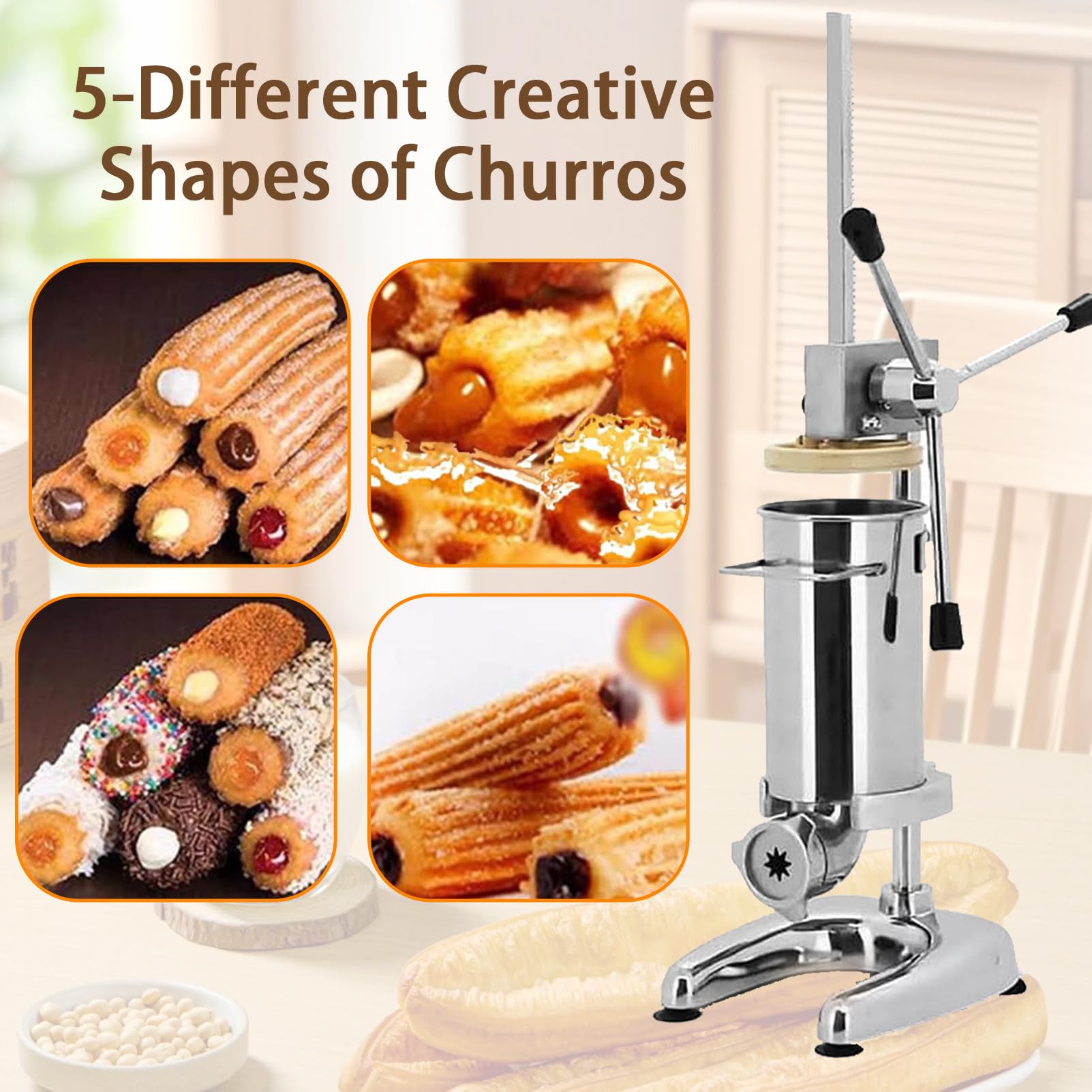 MáQuina para Hacer Churros Manual, MáQuina para Hacer Rellenos De Churros, MáQuina para Hacer Churros De Rosquillas EspañOlas Manual Comercial De 2 L, 5 Tipos De Moldes 3L