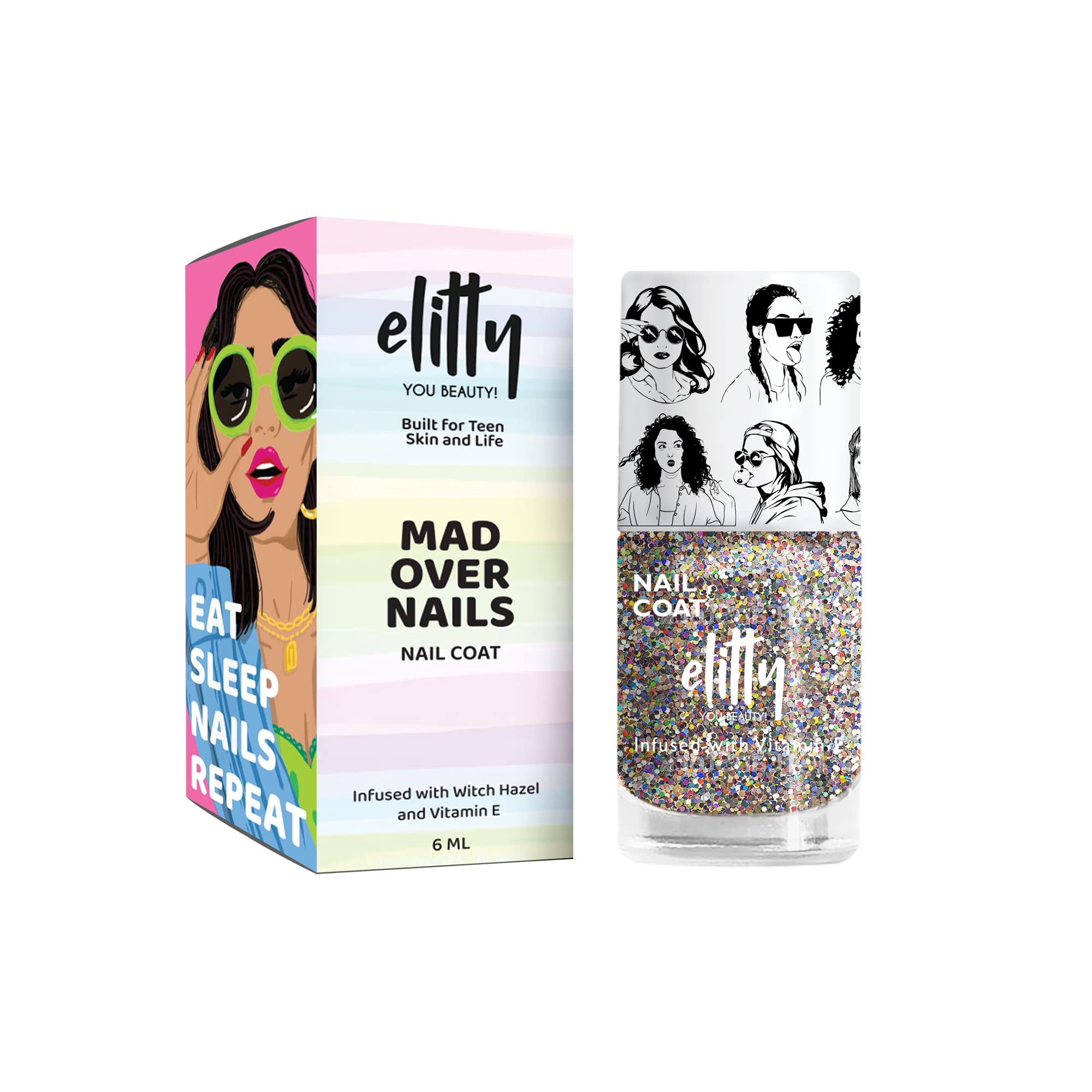 Elitty Mad Over Nails, Long Lasting Nailcoats, 12 Toxin Free, Infused with Witch Hazel, Vit E, Vegan & Cruelty Free, Shimmer - It's a Vibe (Multi), 6 ML