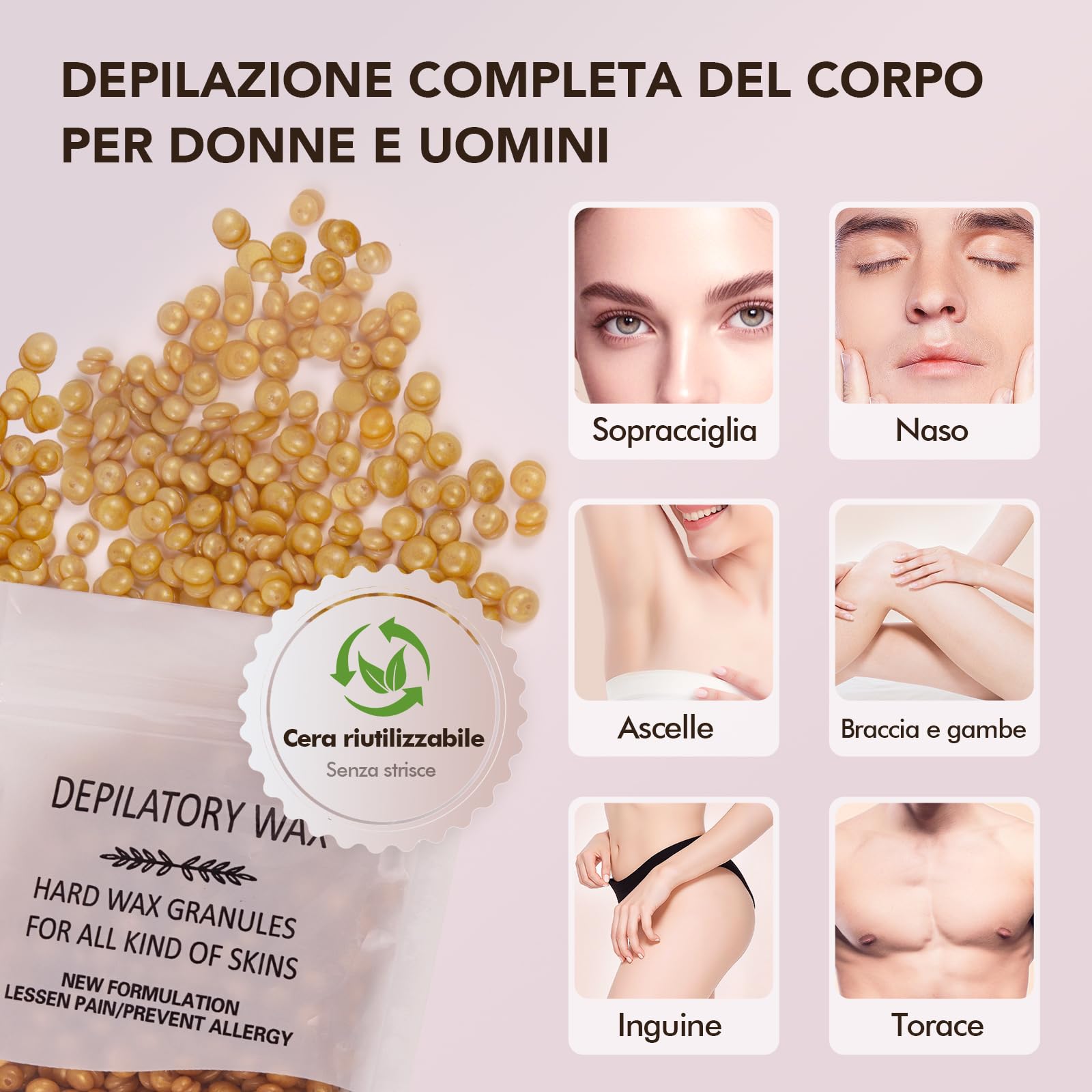 Kit per ceretta, vaso di cera per depilazione, kit scaldacera per ceretta professionale, 5 confezioni di perline di cera, macchina per ceretta indolore per su tutto il corpo