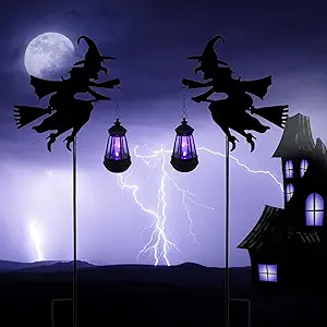 Halloween Witches Outdoor Solar Lanterns 2 Pack - Halloween Decorations Outdoor Witch Statue, Solar Garden Stakes, Metal Yard Decor, Whimsical Decor for Patio (Purple Light)