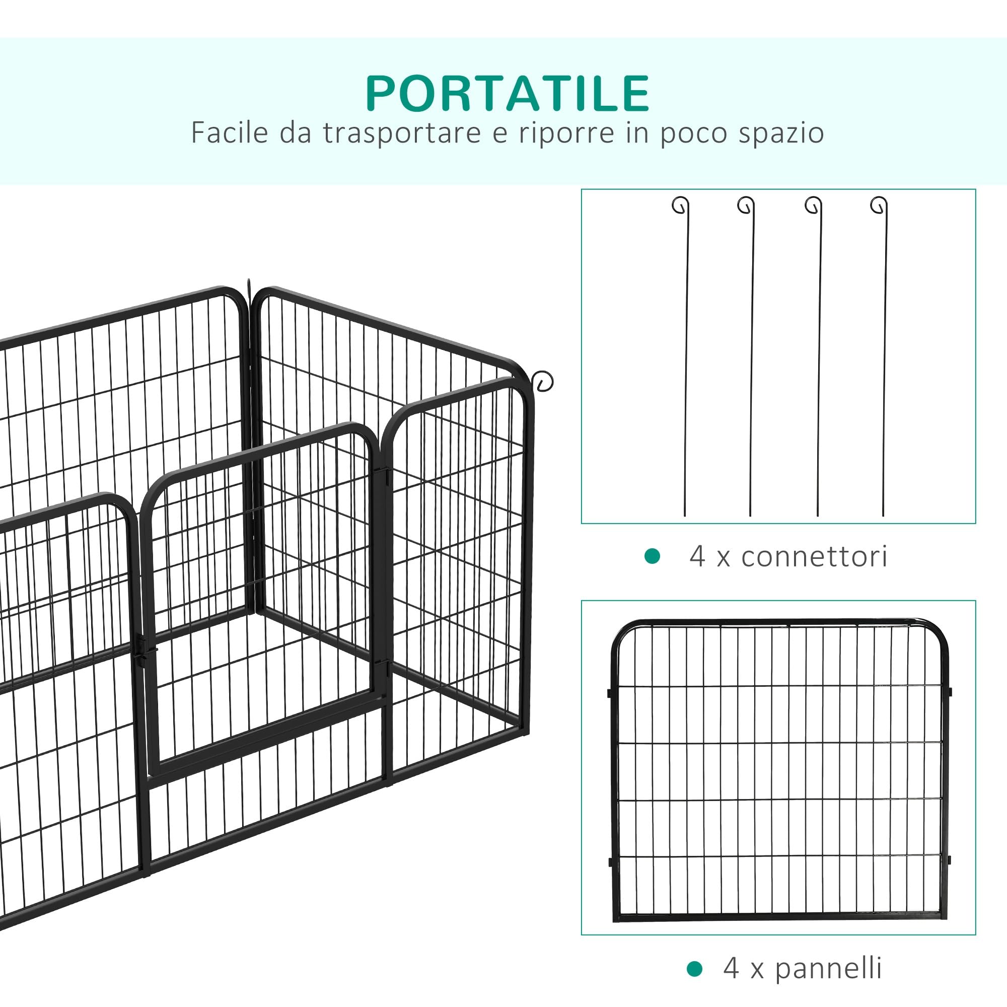 PawHut Recinto per Cani di Piccoli Taglia da Interno ed Esterno, Recinzione per Animali Domestici con Rete 6 pz in Acciaio e Metallo, 125x80x70 cm, Nero