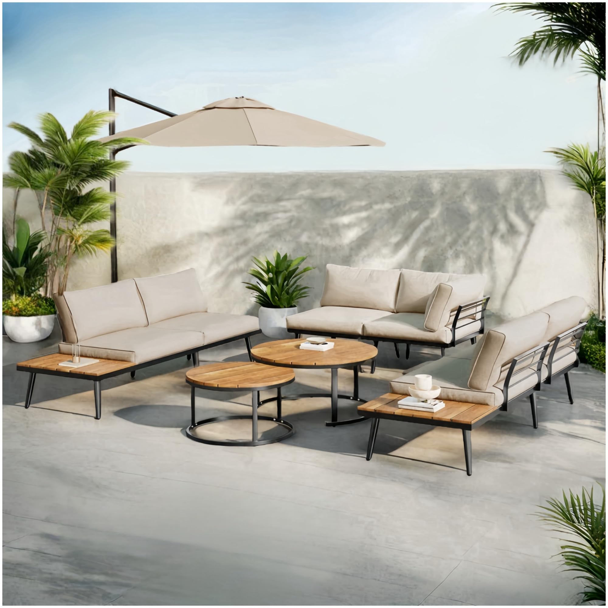 Lubvtti Set giardino esterno per 5-6 persone,divano da esterno,esterno tavolo da giardino con sedie (2x divano a 2 posti, 2x poltrona singola, 2x tavolo),mobili da giardino,beige