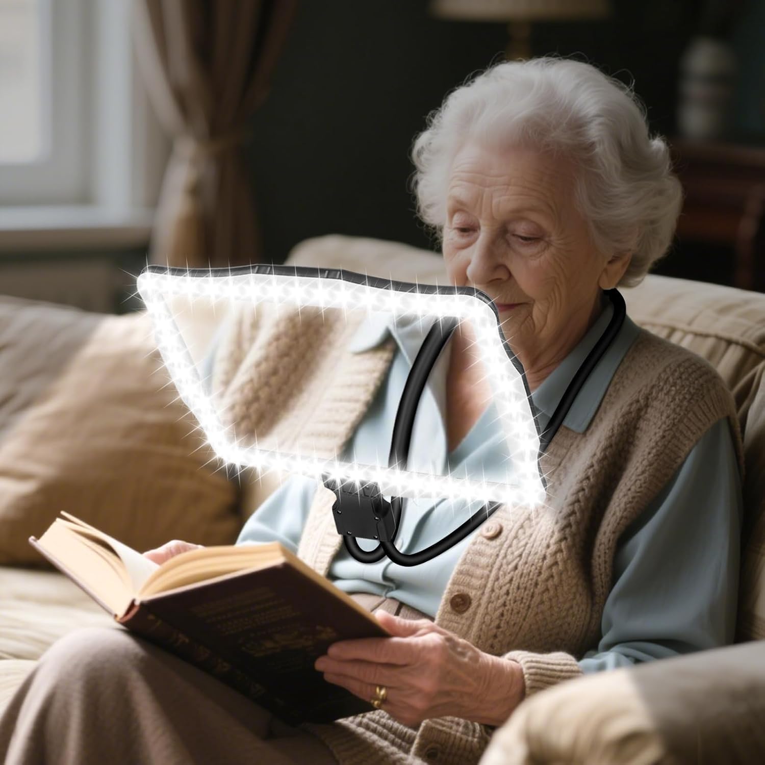 Large 10X Hands Free Magnifying Glass with Light for Reading Neck Wear Magnifier with Adjustable Brightness 50 Led Lights Flexible Gooseneck Full Book Page Magnifier for Seniors Low Vision Elderly 7.8*10.6 inch