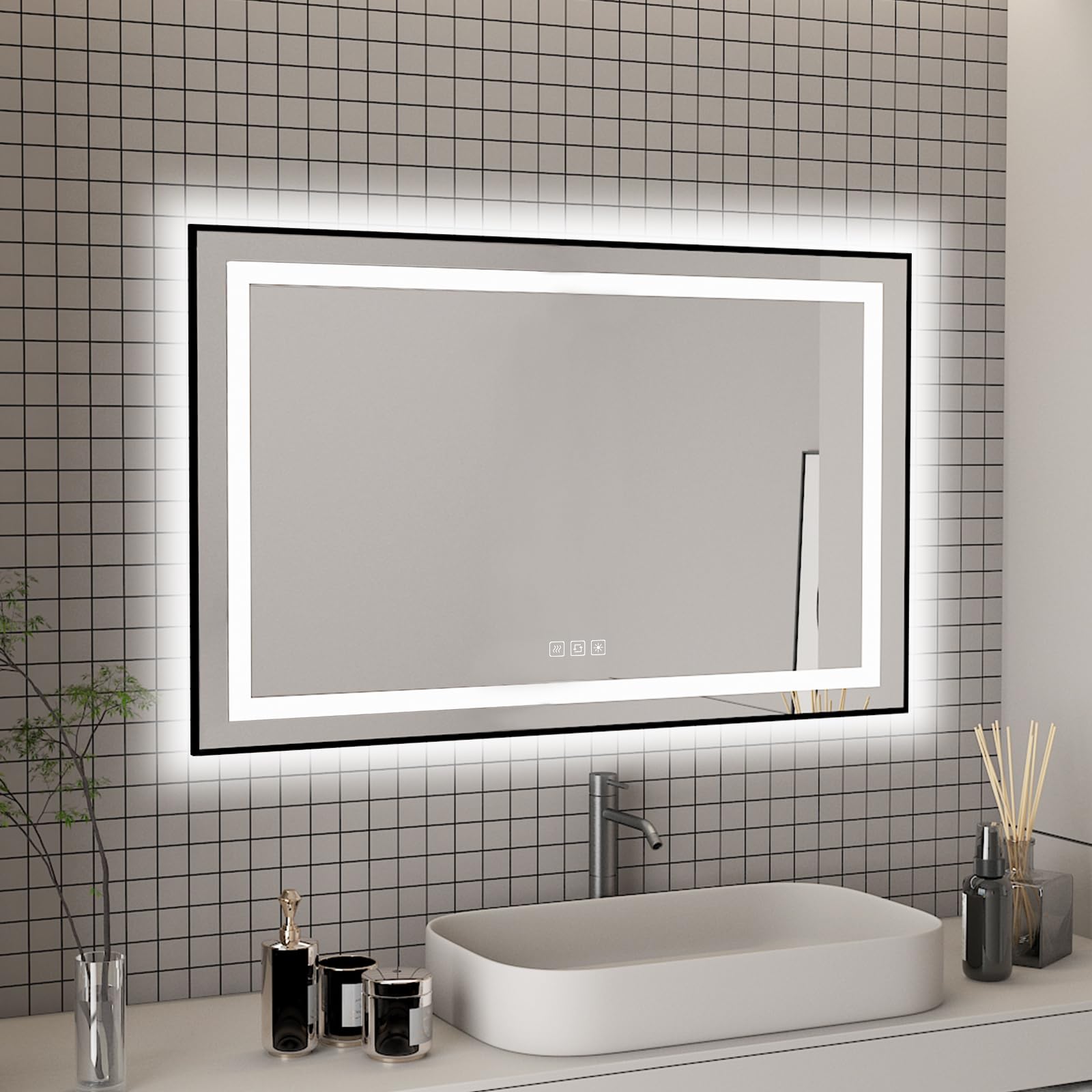 furduzz Espejo de baño LED con marco negro de 1000 x 600 mm, espejo de maquillaje de pared con luz frontal y retroiluminada, función de memoria, regulable, antivaho (horizontal/vertical)