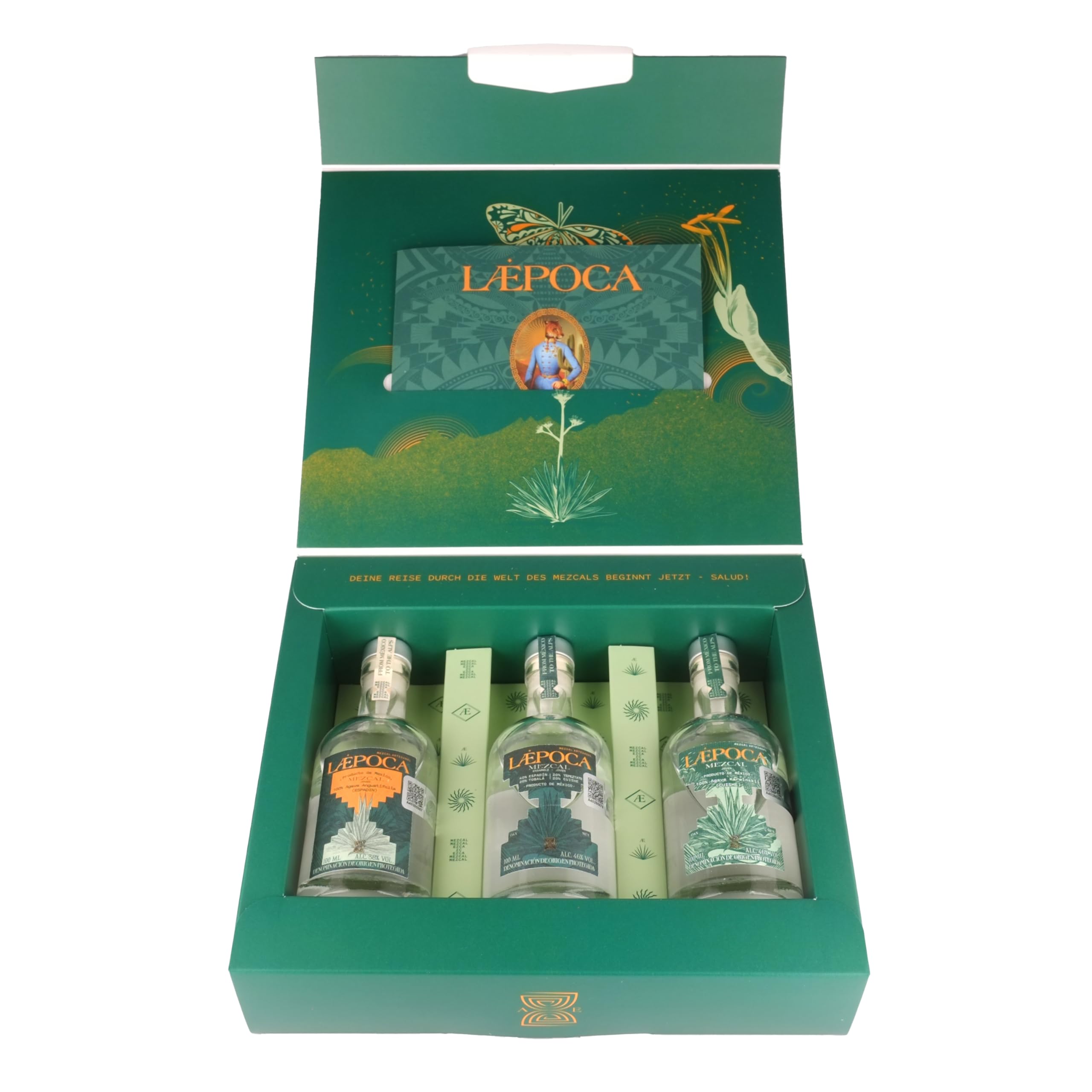 LÆPOCA Mezcal Premium Tasting-Set | Von Mexiko in die Alpen | Handgefertigt | 3 x 100 ml | Espadin 38% vol. | Ensamble 46% vol. | Cuishe 46% vol. | Mezcal of the Year 2023