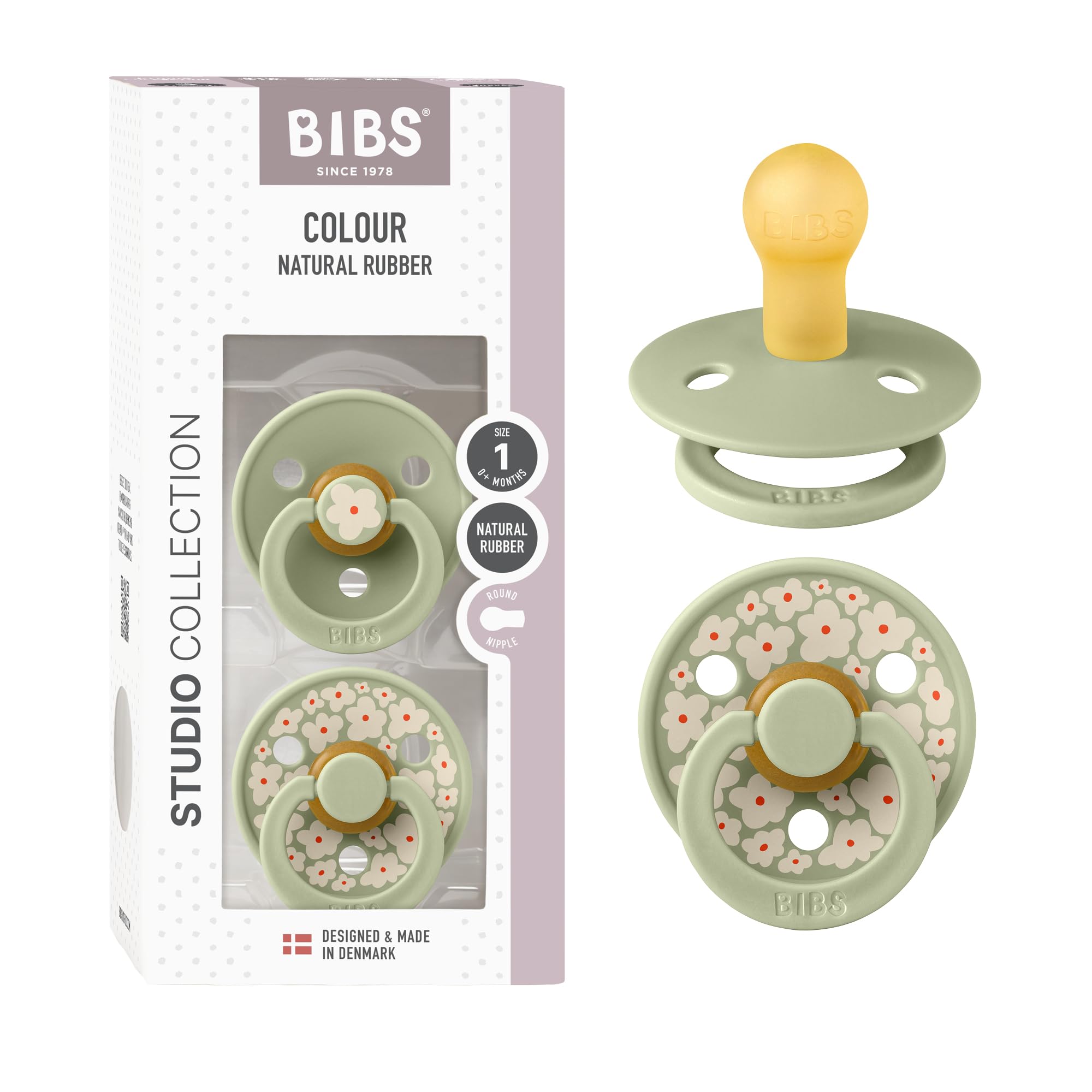 BIBS Pacifiers - Studio 2 Pack | Round Nipple Baby Pacifier | BPA Free Natural Rubber Latex Soother | Made in Denmark | Size 0+ Months | Jasmine Sage