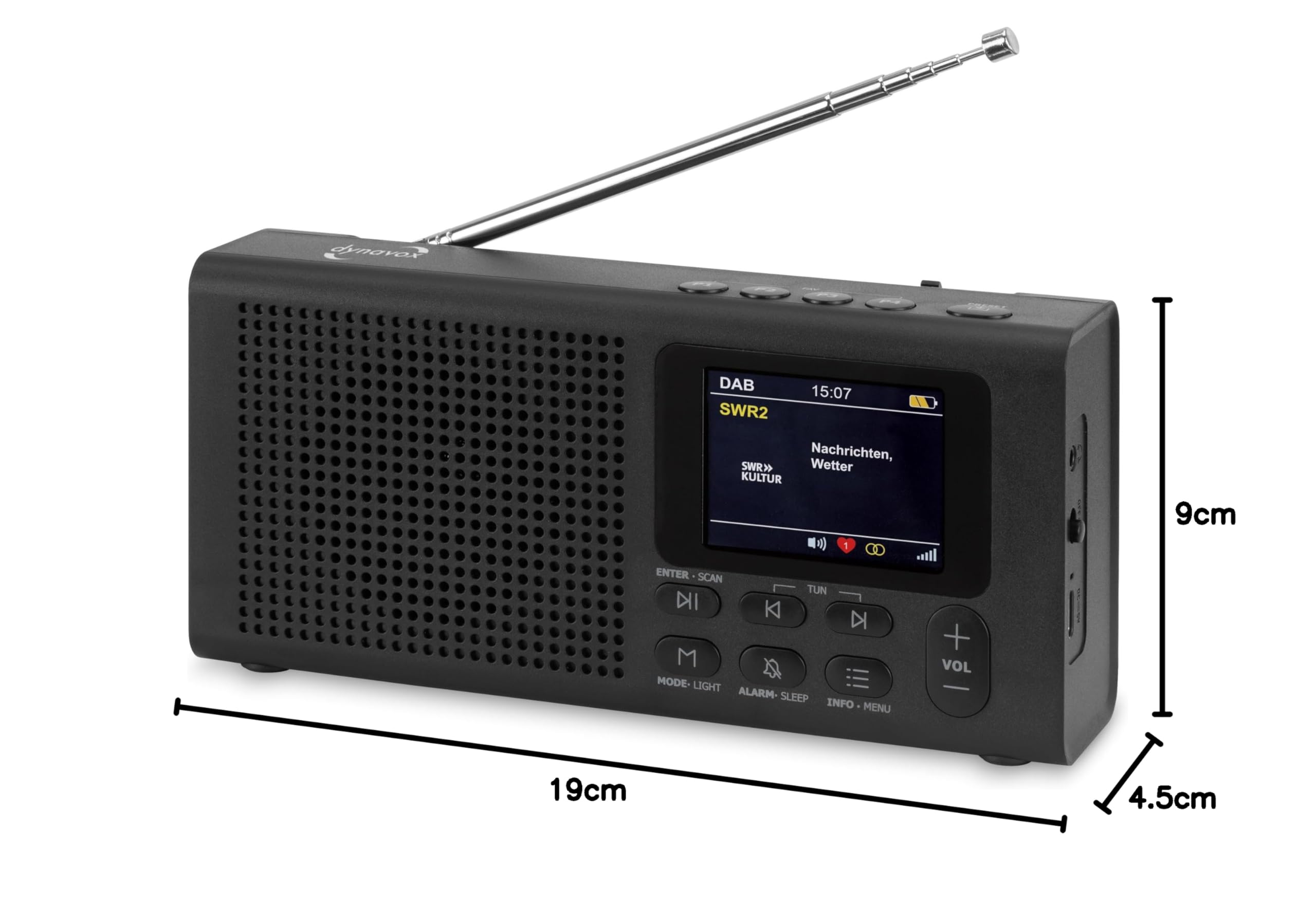 Dynavox DBT200 radio portatile digitale DAB+/FM, ideale come radio da cucina/bagno/ufficio/officina, sveglia, BT, display TFT, funzionamento a rete o a batteria, ingresso cuffie da 3,5 mm, nero