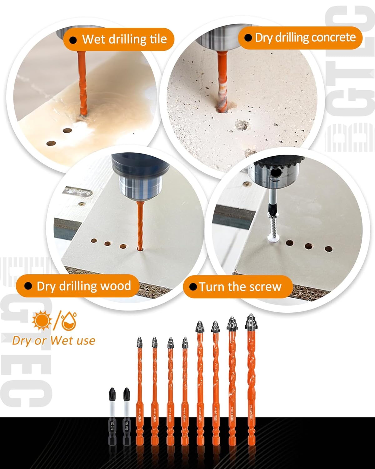Four Blade Serrated Eccentric Masonry Drill Bit BGTEC - 10PCS 3/16" - 1/2" Carbide Concrete Drill Bits with PH2 Screwdriver Bit for Masonry/Brick/Concrete/Tile/Glass/Wood/Plastic/Marble