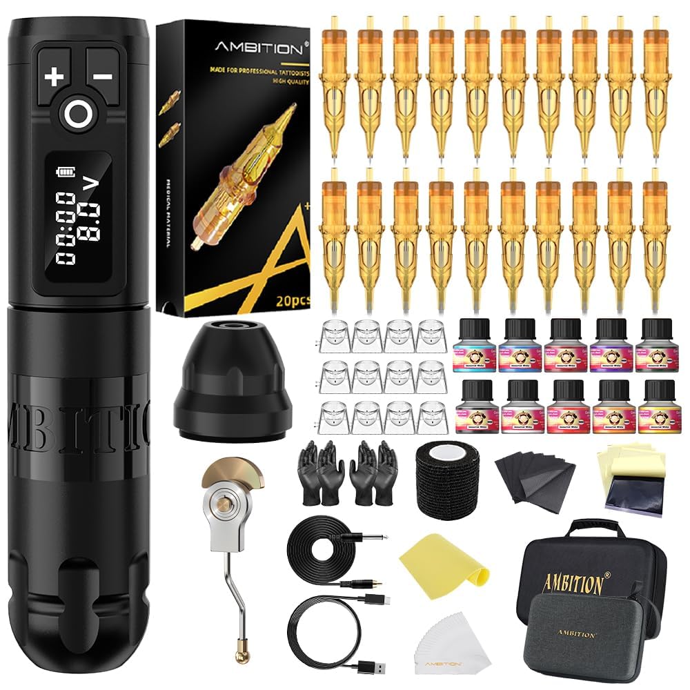 Ambition Soldier Tattoo Machine Kit Kompletny zestaw do tatuażu z obrotowym bezprzewodowym długopisem z 20 szt. igłami Glory Tattoo Cartridge Needles