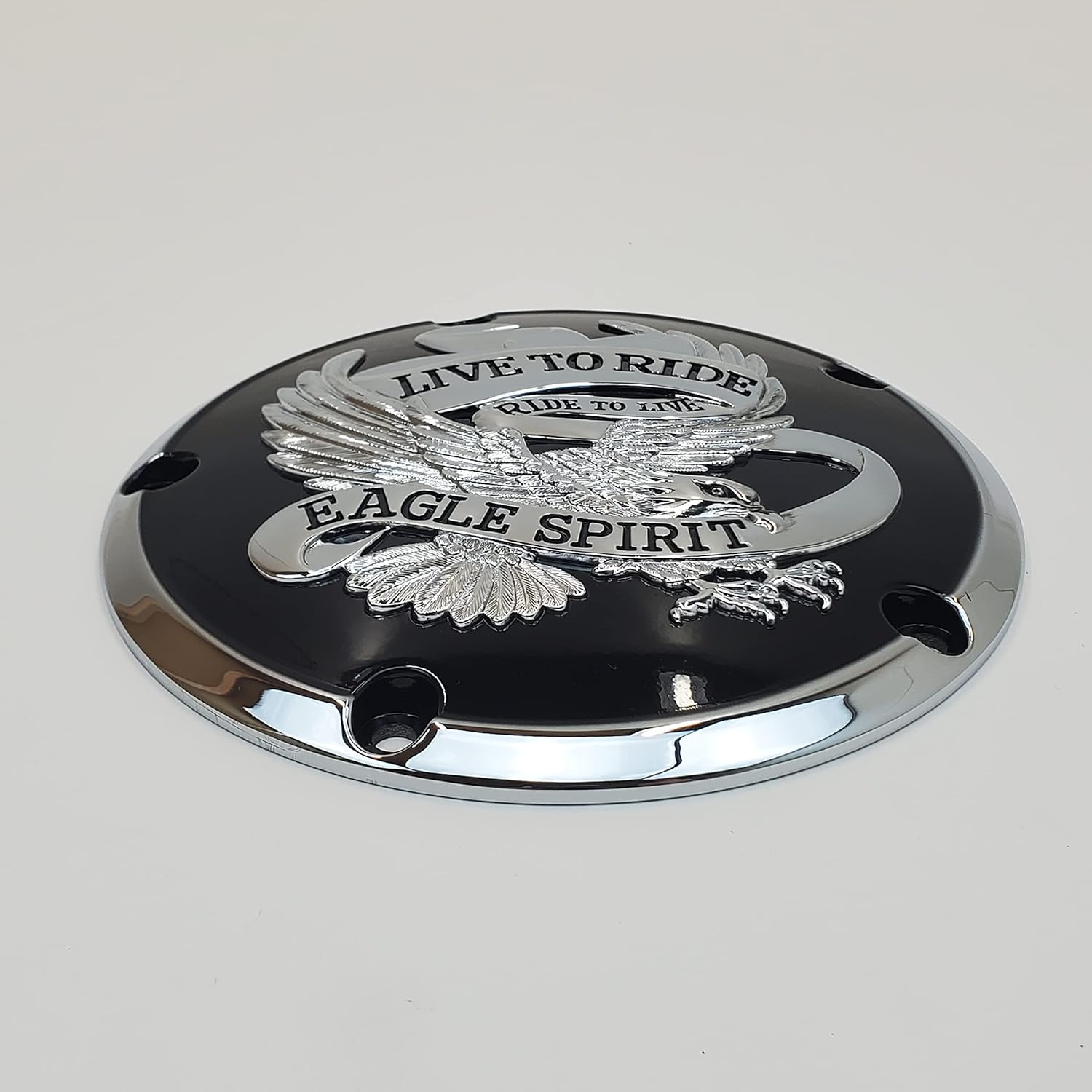 Chrome & Black Eagle Spirit 5-Hole Derby Cover for Harley Big Twin 1999-2017 Dyna FXD, 1999-2018 Softail FLST/FXST (Except FLSB) & 1999-2015 FLH/FLT Street Glide, Electra Glide, Road Glide, Road King