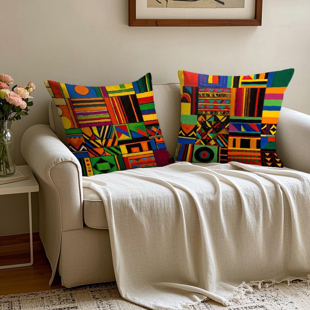 Colorful Geometric Throw Pillow Covers Set of 2 Double-Sided Linen Cushion Covers, 18x18 Inch, Boho Tribal Home Decor, Decorative Pillowcases for Sofa, Couch, Bedroom, Living Room