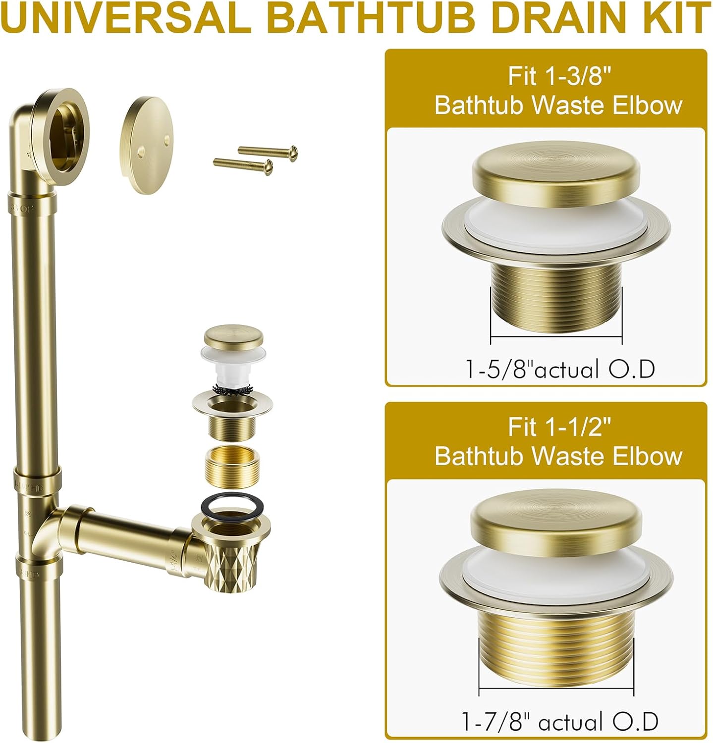 Brushed Brass Bathtub Drain Stopper and Overflow Kit, Solid Brass Tip-Toe Bath Tub Drain with Hair Catcher - Universal Coarse/Fine Thread, Bathroom Bathtub Plug Replacement, 11.5/16 UNC