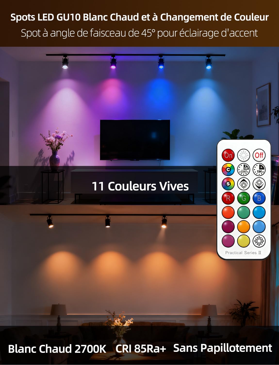 iLC Ampoule Led MR16 GU10 RGB Spot Culot led Changement de Couleur, Ampoules Led RGBW Dimmable Blanc chaud (2700K) Spots LED - Télécommande infrarouge incluse (paquet de 4)