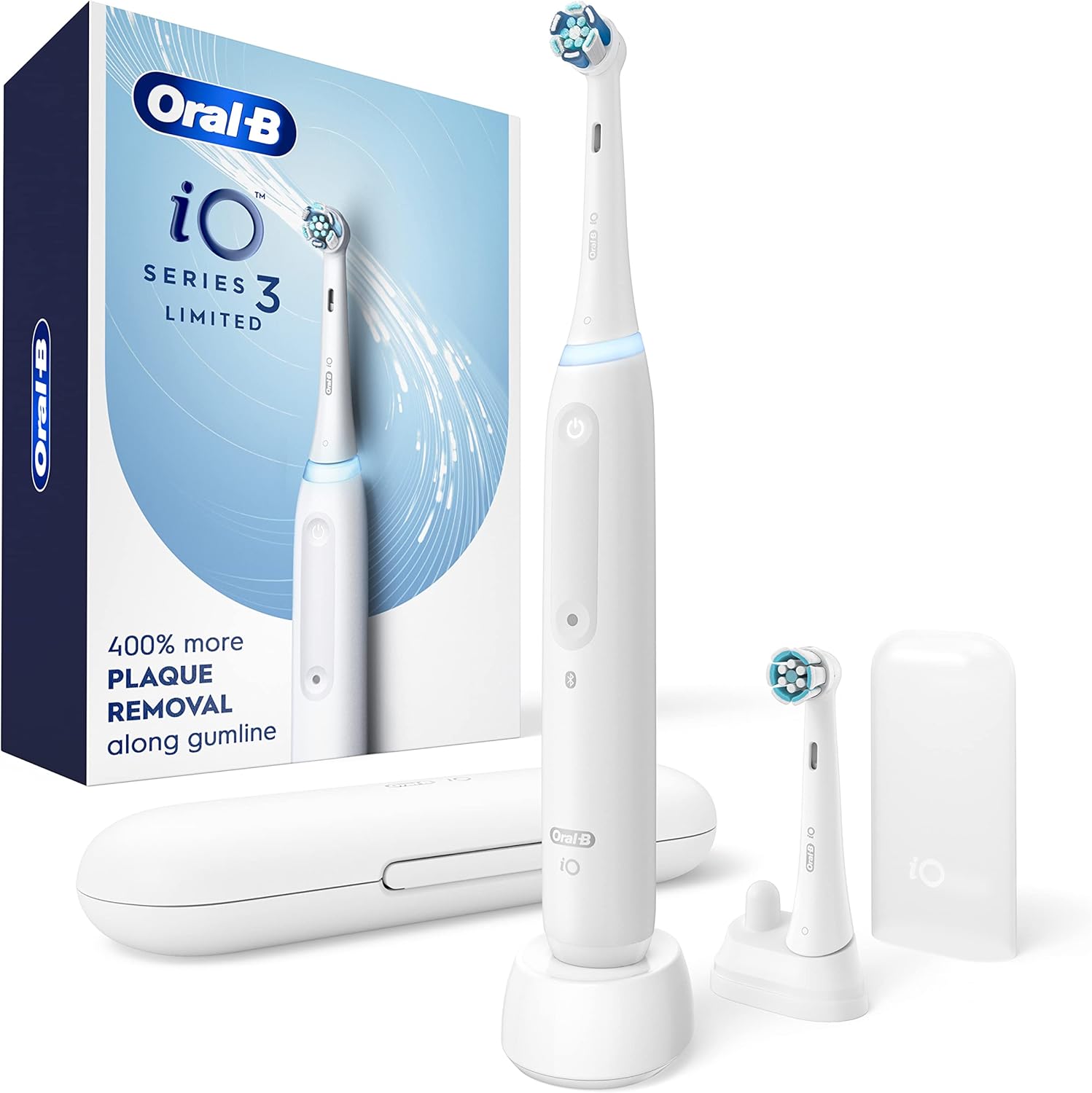 Product image of Oral-B iO Deep Clean Rechargeable Electric Powered Toothbrush, White with iO Series 3 Limited, 2 Brush Heads and Travel Case - Pressure Sensor to Protect Gums - 3 Cleaning Settings - 2 Minute Timer