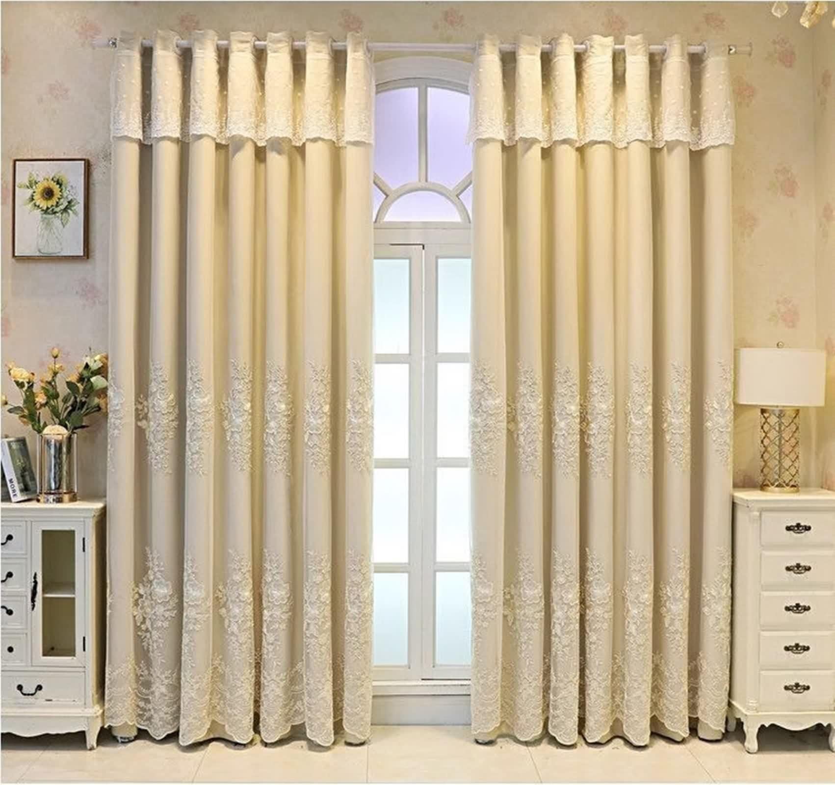 Rideaux Fenetre Chambre Lot de 2, Rideau Beige Occultant Polyester Coton Broderie en Dentelle Double Couche LxH 107x138cm