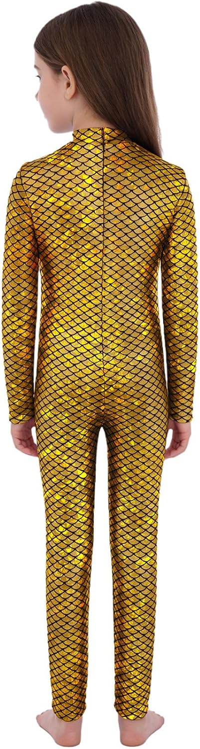 Children Girls Long Sleeve Leotard Metallic Unitard Dance Costume Mock Neck Jumpsuit One Piece Catsuit