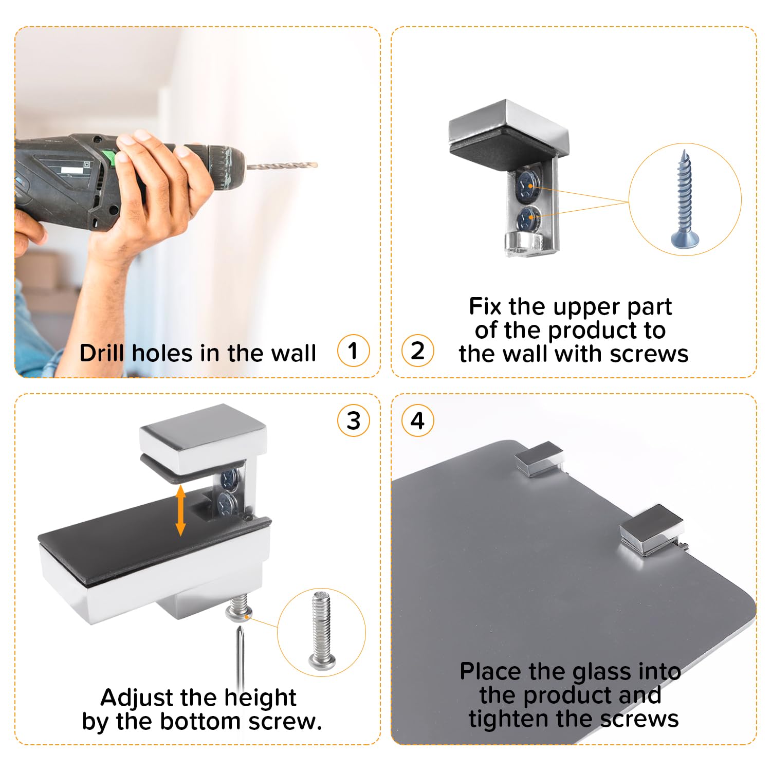 Lyeteung 2 PCS 3-16 mm Adjustable Glass Shelf Bracket, Zinc Alloy Wall Mount Glass Shelf Support - Image 4