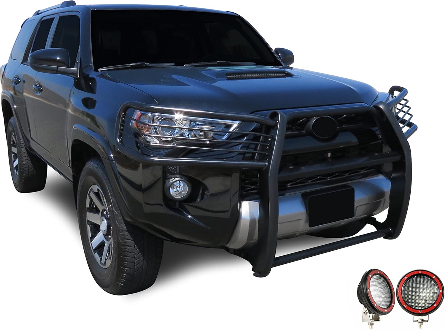 Black Horse Grille brush Bumper Guard Modular Black Come With Pair of 5.3" Dia.LED Lights with Red Trim Rings Compatible with 2010-2024 Toyota 4Runner-17TU31MA-PLFR