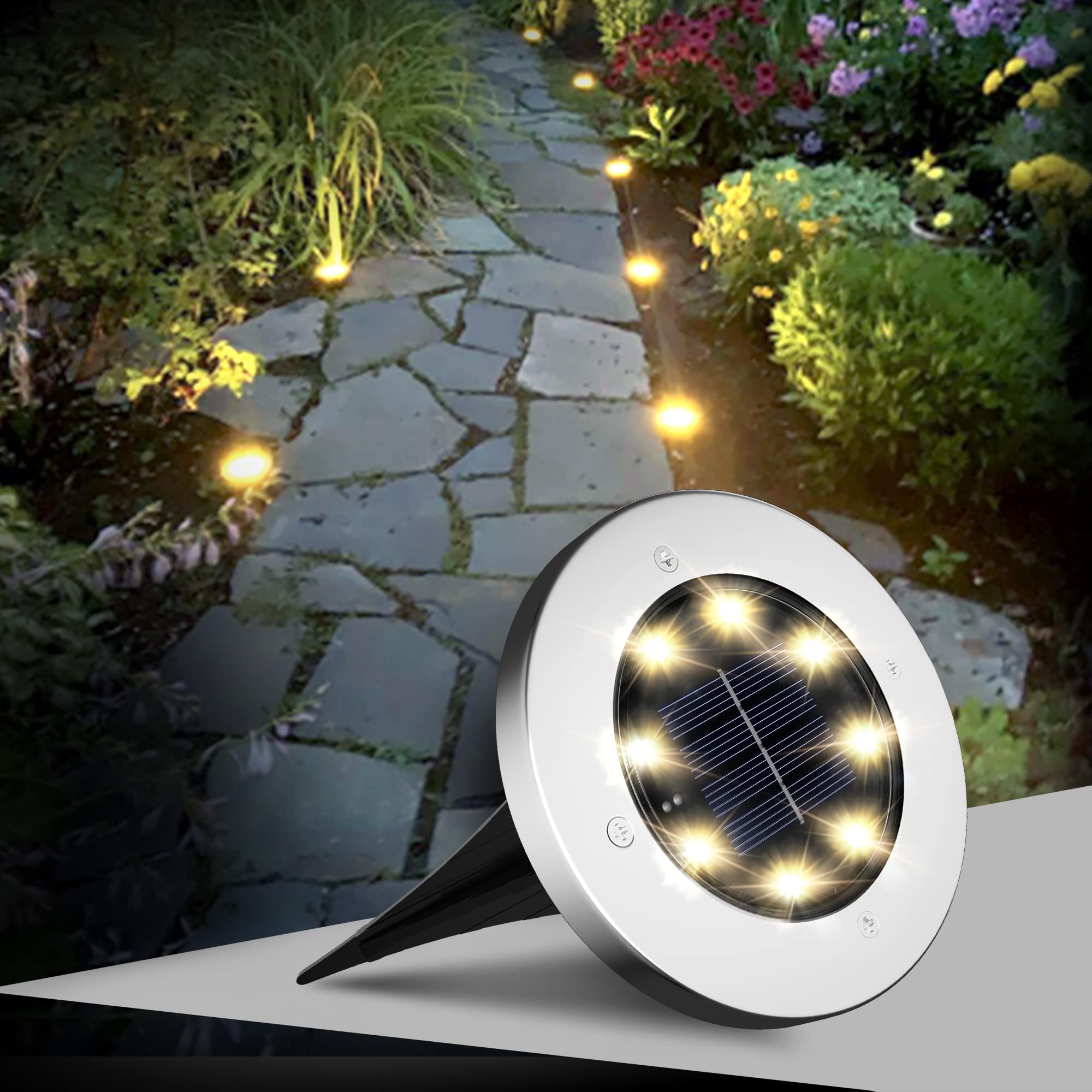 FLOWood 12 Stück Solar Bodenleuchte für Garten 8 LEDS Warmweiß Außenleuchte Wasserdicht Gartenleuchte Edelstahl Kunststoff ampe für außen Auffahrt Gehweg Patio Garden [Energieklasse A]