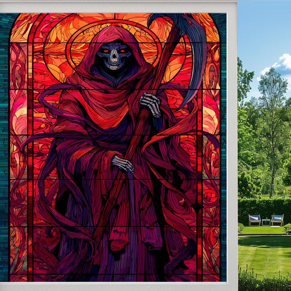 Pmlbaous Gothic Grim Reaper Frosted Window Film, Horror Skull Halloween Stained Glass Privacy Film, Heat Insulation Self-Adhesive Vinyl For Bathroom Office, （55X100cm）