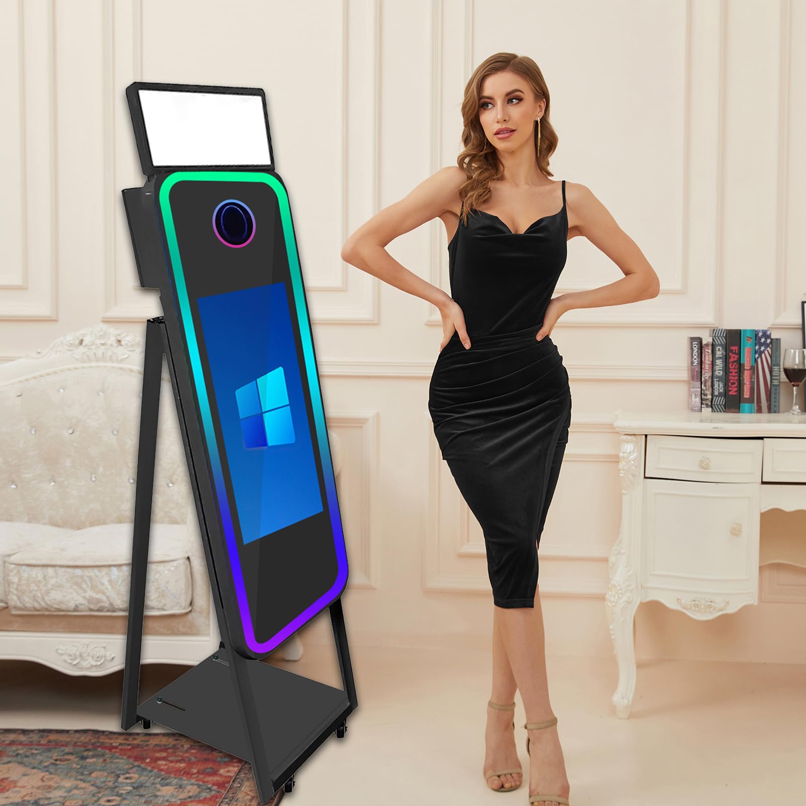 Magic Mirror Photo Booth con touch screen da 21,5", macchina fotografica portatile con luce di riempimento a LED RGB e custodia per matrimoni, feste, eventi, noleggio (nero, cabina fotografica +