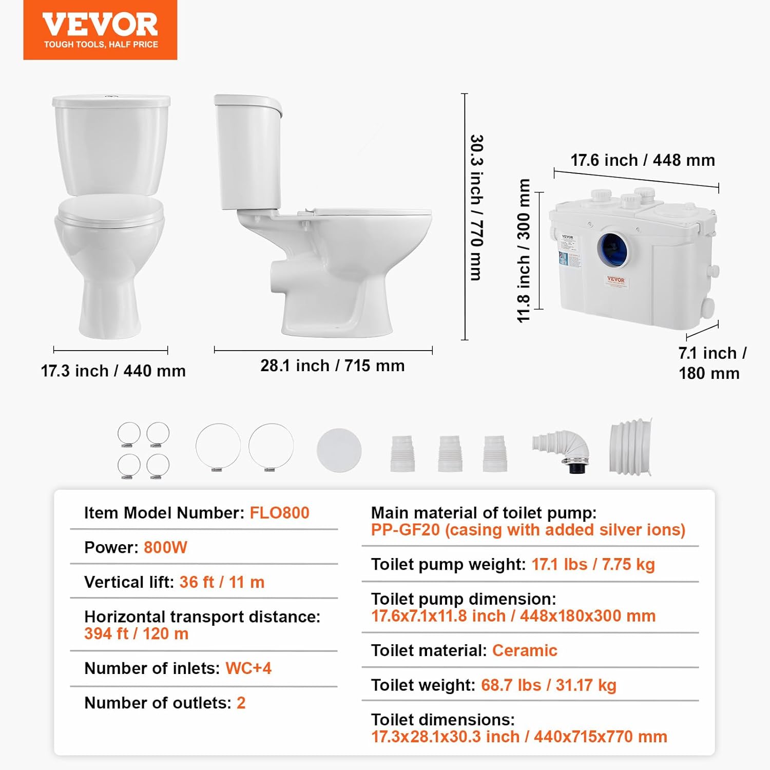 Detailed dimensions and specifications of the VEVOR Macerating Toilet System