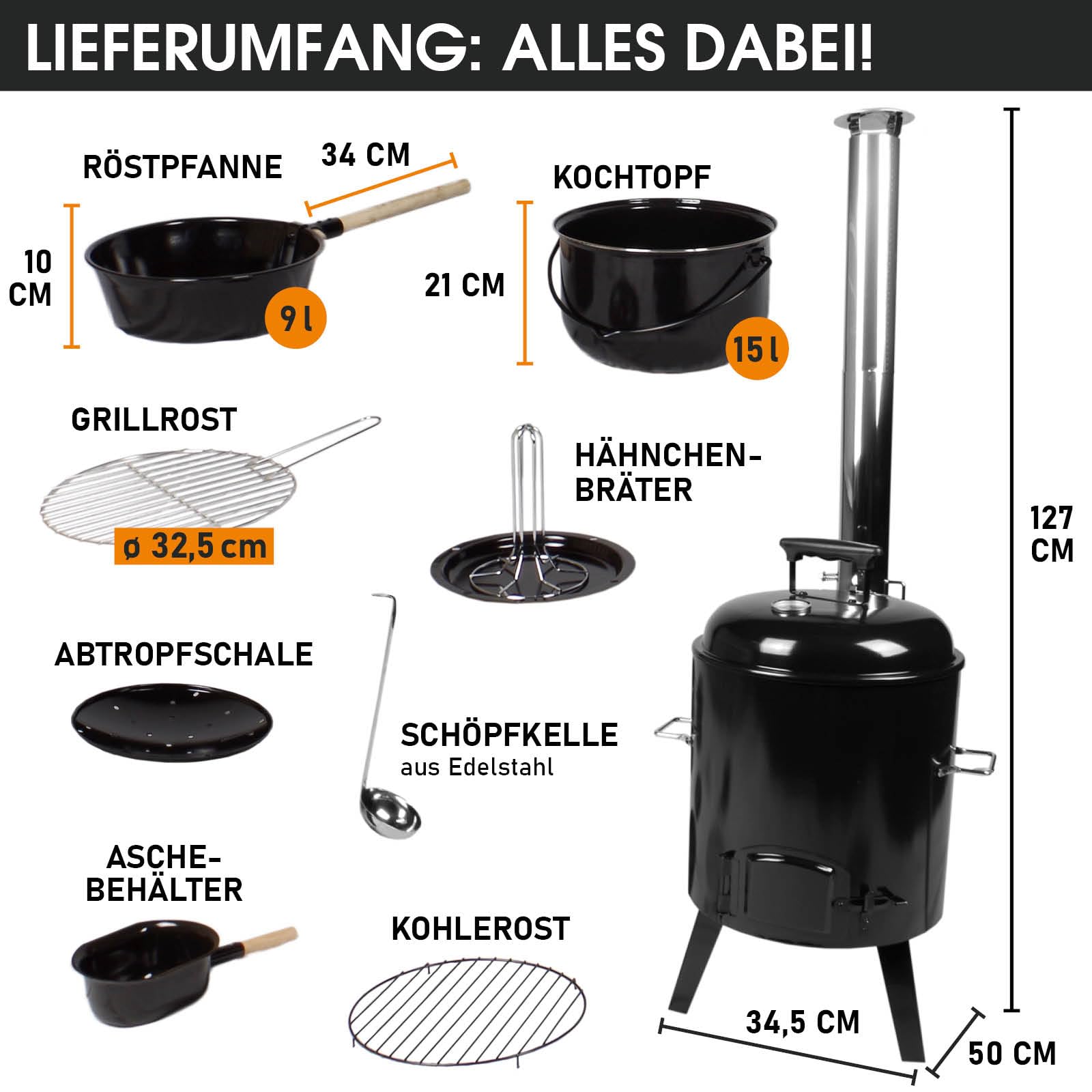 BRAST® Eintopfofen mit Grillfunktion Ofen Kugelgrill Barbecue Grill Outdoor-Küche Gulaschkanone Suppenkessel Hähnchenbräter Ungarischer Gulaschkessel aus Stahlblech emailliert Dreibein inkl. Zubehör